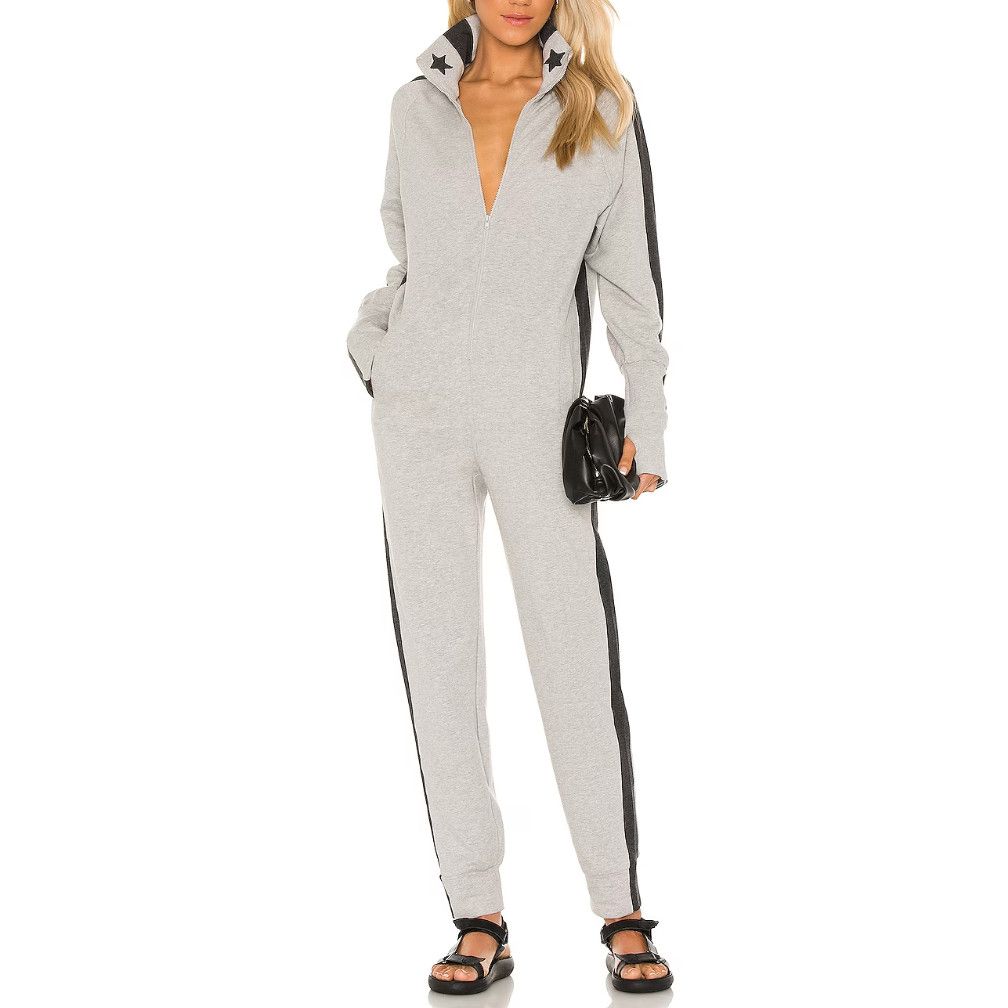 image of Norma Kamali Side Stripe With Stars Bomber Jumpsuit, Size S in Grey, Women's