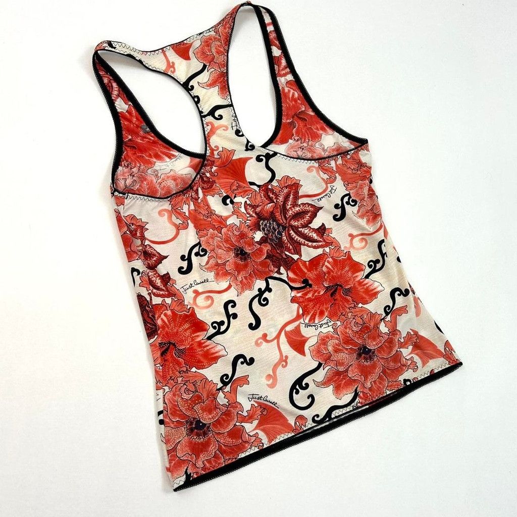 Just Cavalli y2k Cavalli white tank top, red and black floral print Size L / US 10 / IT 46 - 4 Thumbnail