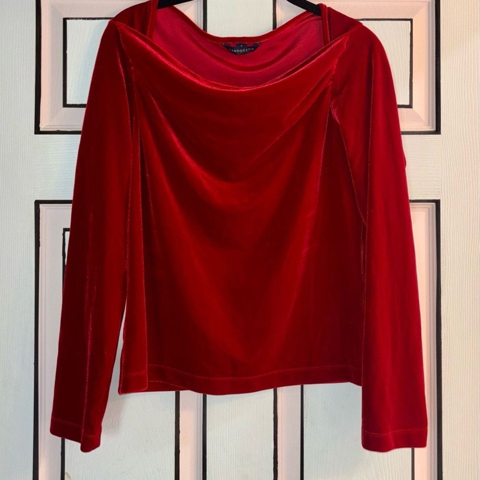Lands' End Lands End Rich Red Velvet Cowl Neck Top Size L / US 10 / IT 46 - 4 Thumbnail