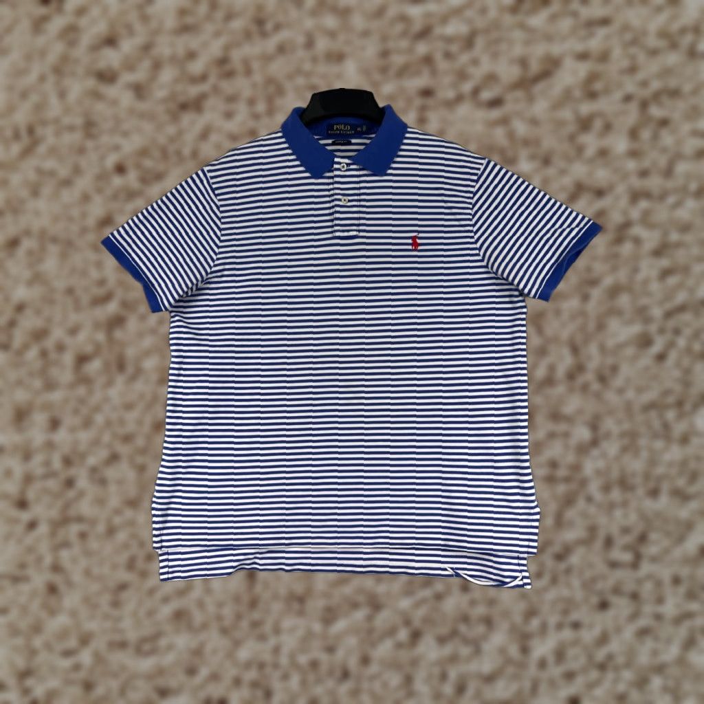 Ralph Lauren VINTAGE Ralph Lauren Polo Shirt Adult XL White Blue Stripe Pony Golf Cotton Slim Fit Mens Size US XL / EU 56 / 4 - 1 Thumbnail