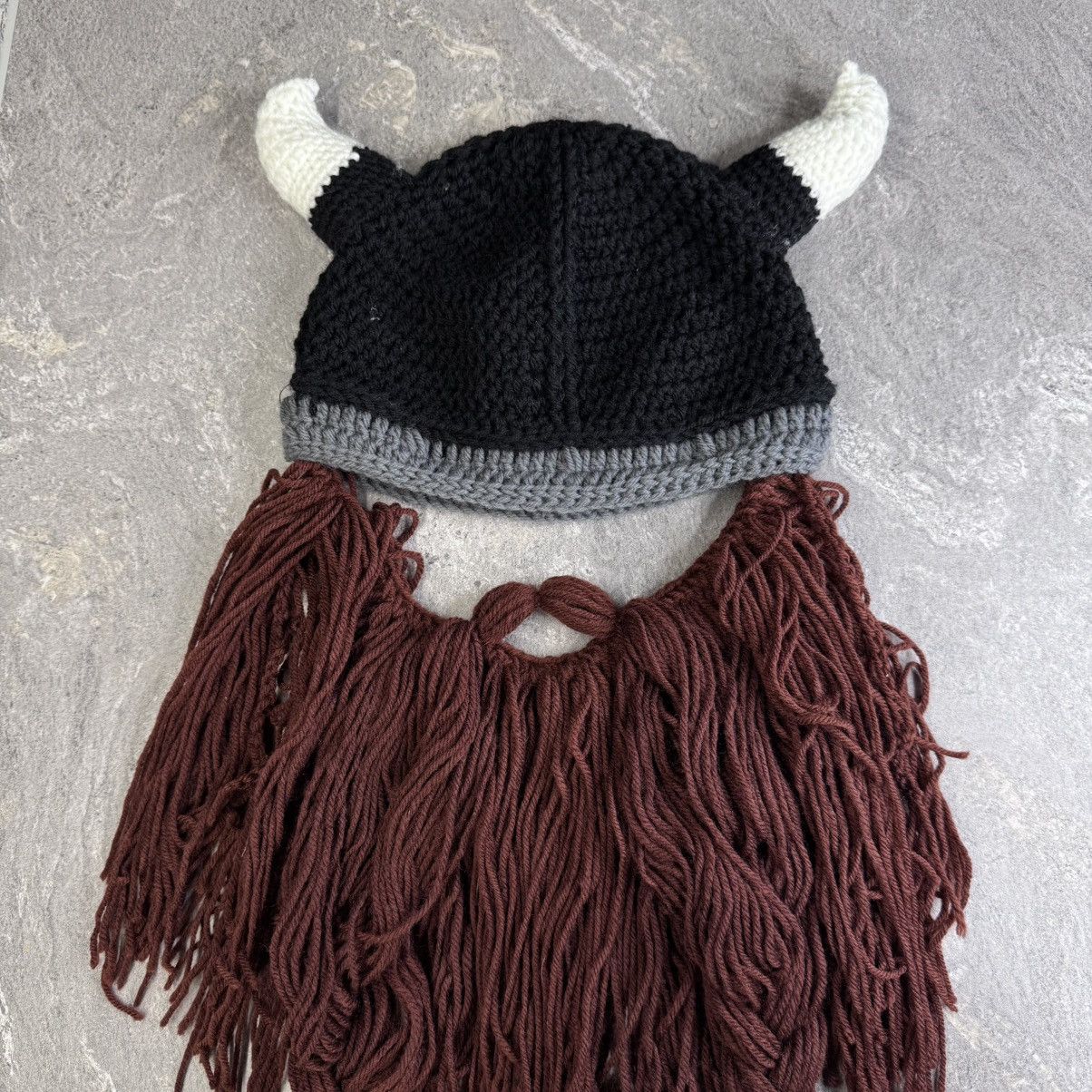 Handmade Beard Knitted Hat with Horns Beard Hat avant garde y2k cap Size ONE SIZE - 3 Thumbnail