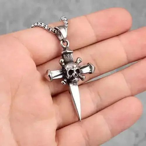 Jewelry x Vintage Gothic Skull Cross Sword Pendant Necklaces in Silver, Men's