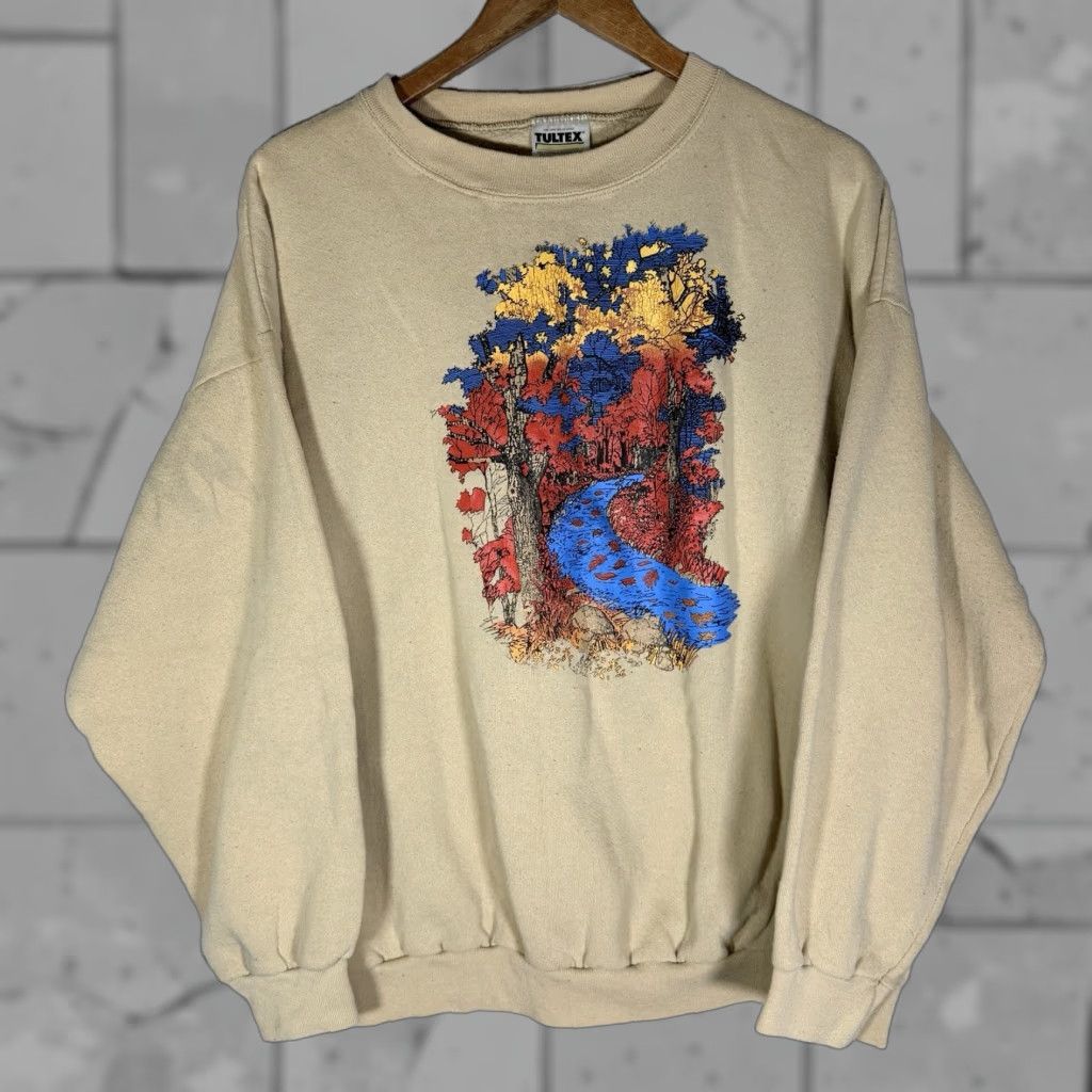 Tultex VINTAGE Tultex River Graphic Pullover Sweater Mens XL Beige Long Sleeve Size US XL / EU 56 / 4 - 1 Thumbnail