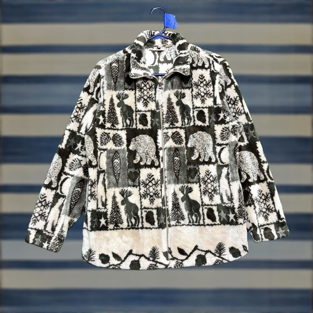 Vintage VINTAGE True Grit Cardigan Sweater Womens L Beige Geometric Moose Graphic Knit 90s Native USA Western Fleece AOP Zip Ladies Size L / US 10 / IT 46 - 1 Thumbnail