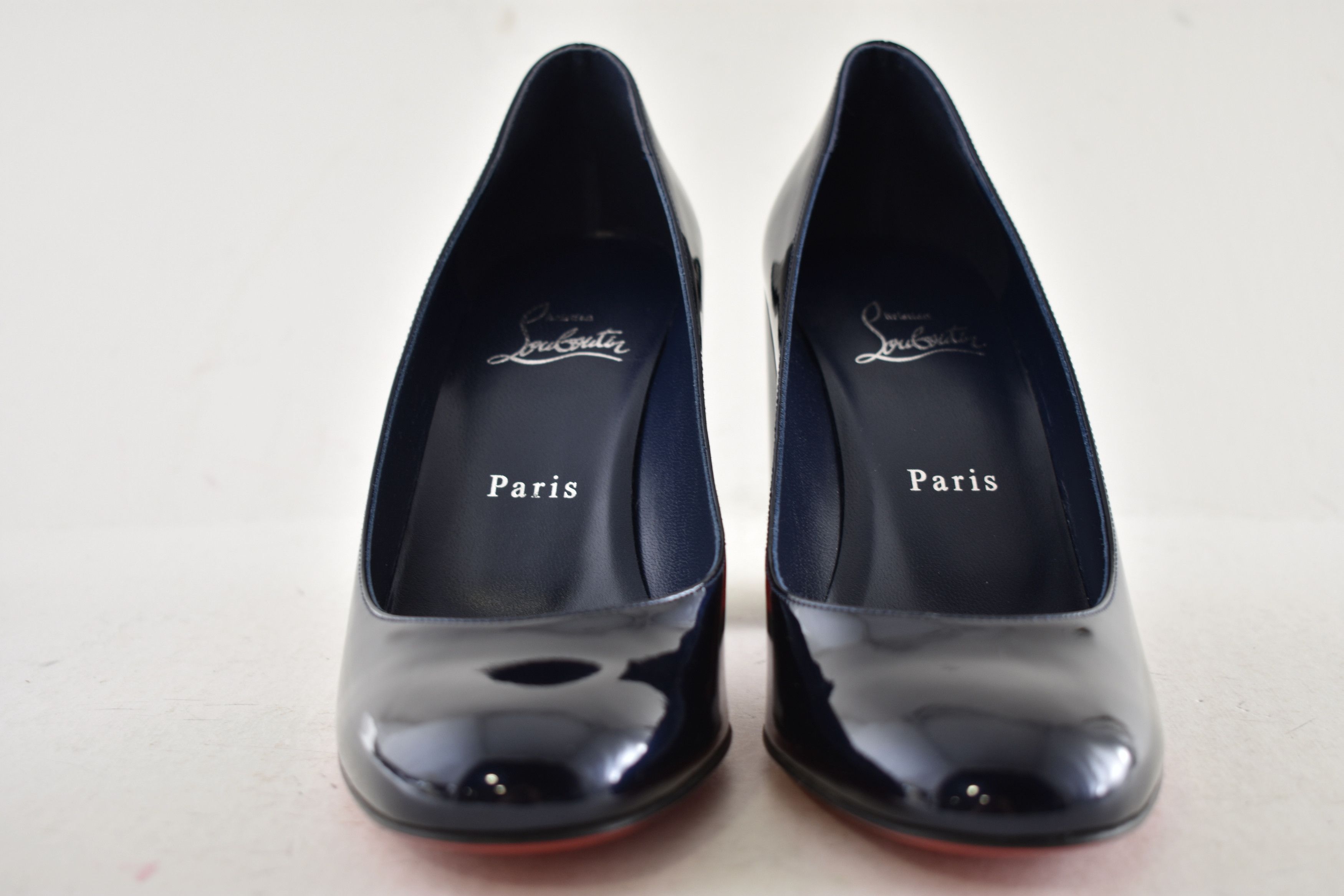 Christian Louboutin Miss Sab 85 Zaffiro Navy Blue Patent Block Heel Pump 37 Size US 7 / IT 37 - 11 Thumbnail
