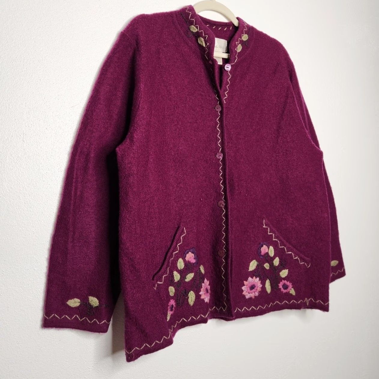 Vintage VINTAGE Wool Sweater Embroidered Art Floral Flower Grandma Cottage Lg SW Studio Works Women Regular Full Zip Genders: Womens Size L / US 10 / IT 46 - 2 Thumbnail