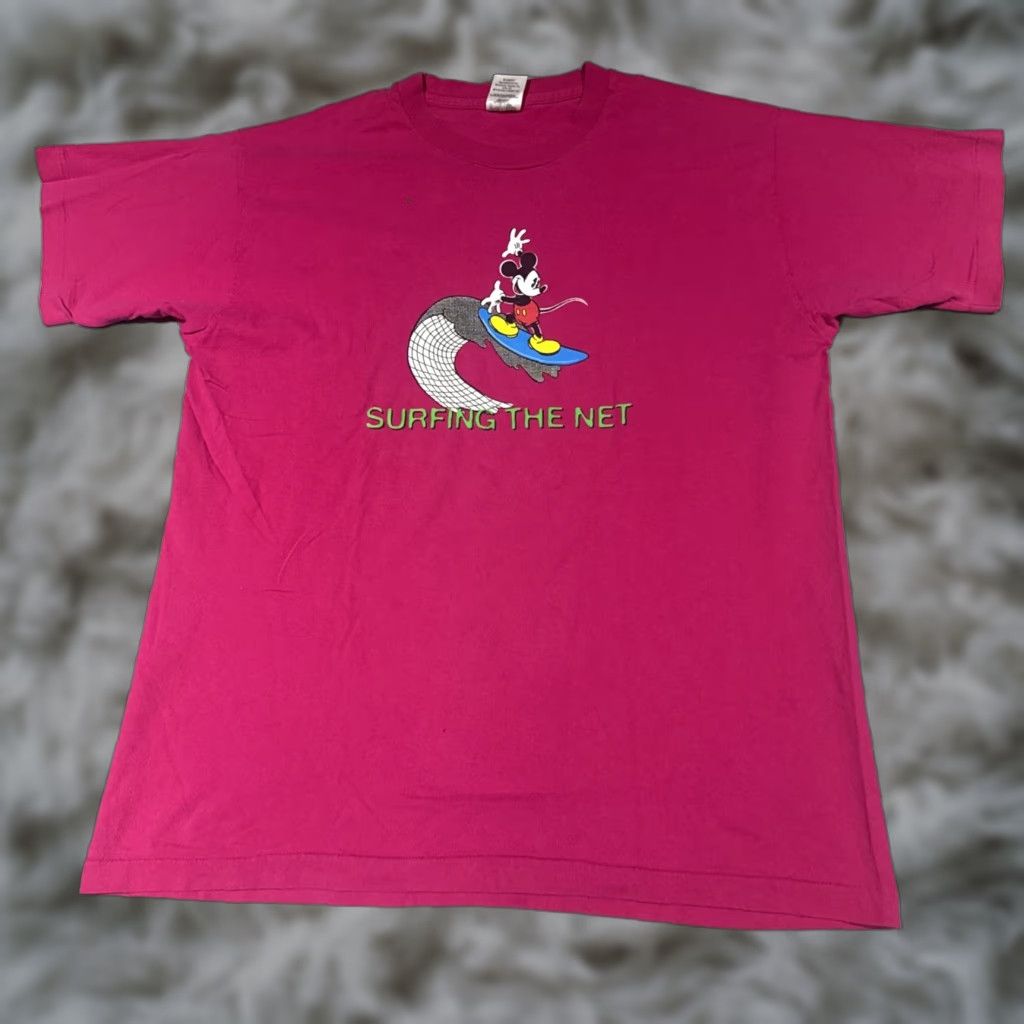 Mickey & Co. VINTAGE Mickey & Co T-Shirt Mens XL Surfing The Net Disney Tee Short Sleeve Crew Neck Pink Cotton Single Stitch Graphic Print Size US XL / EU 56 / 4 - 1 Thumbnail