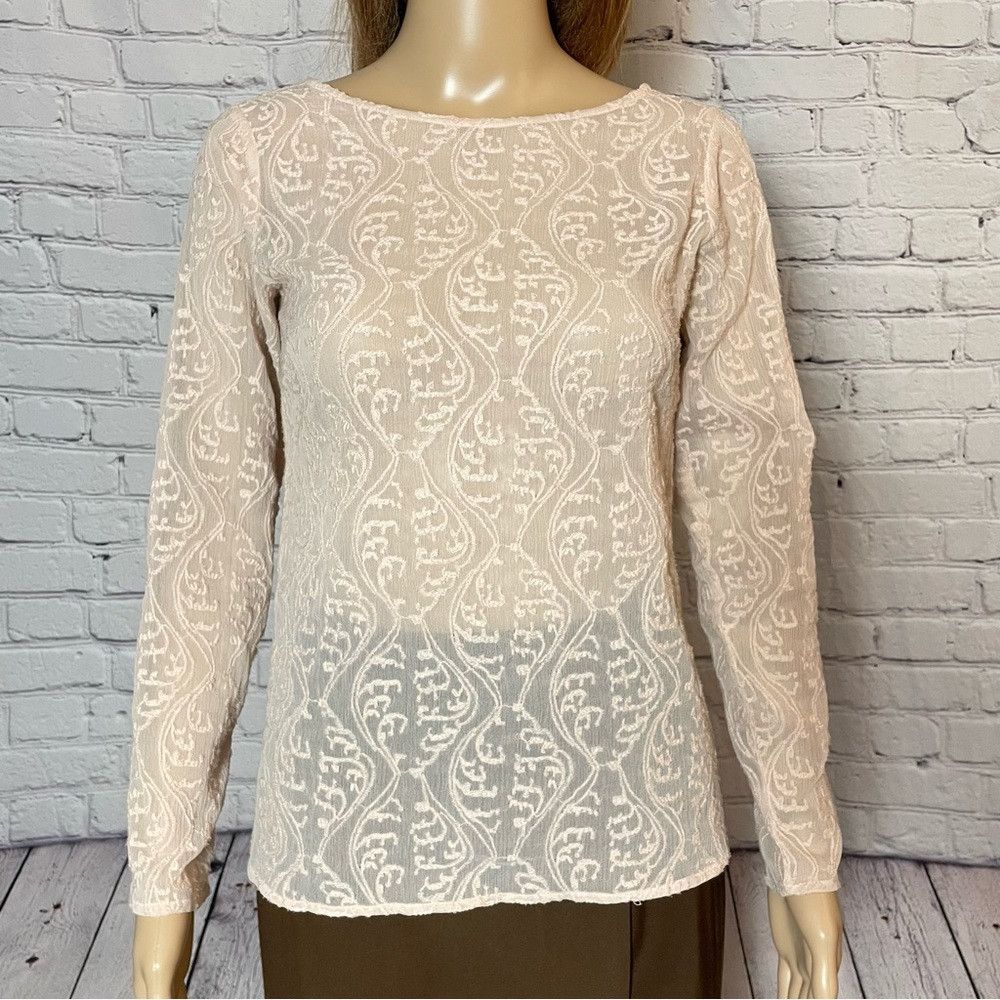 Loft Loft Light Pink Sheer Embroidered Long Sleeve Top Size XXSP Size XXS / US 00 / IT 34 - 2 Thumbnail