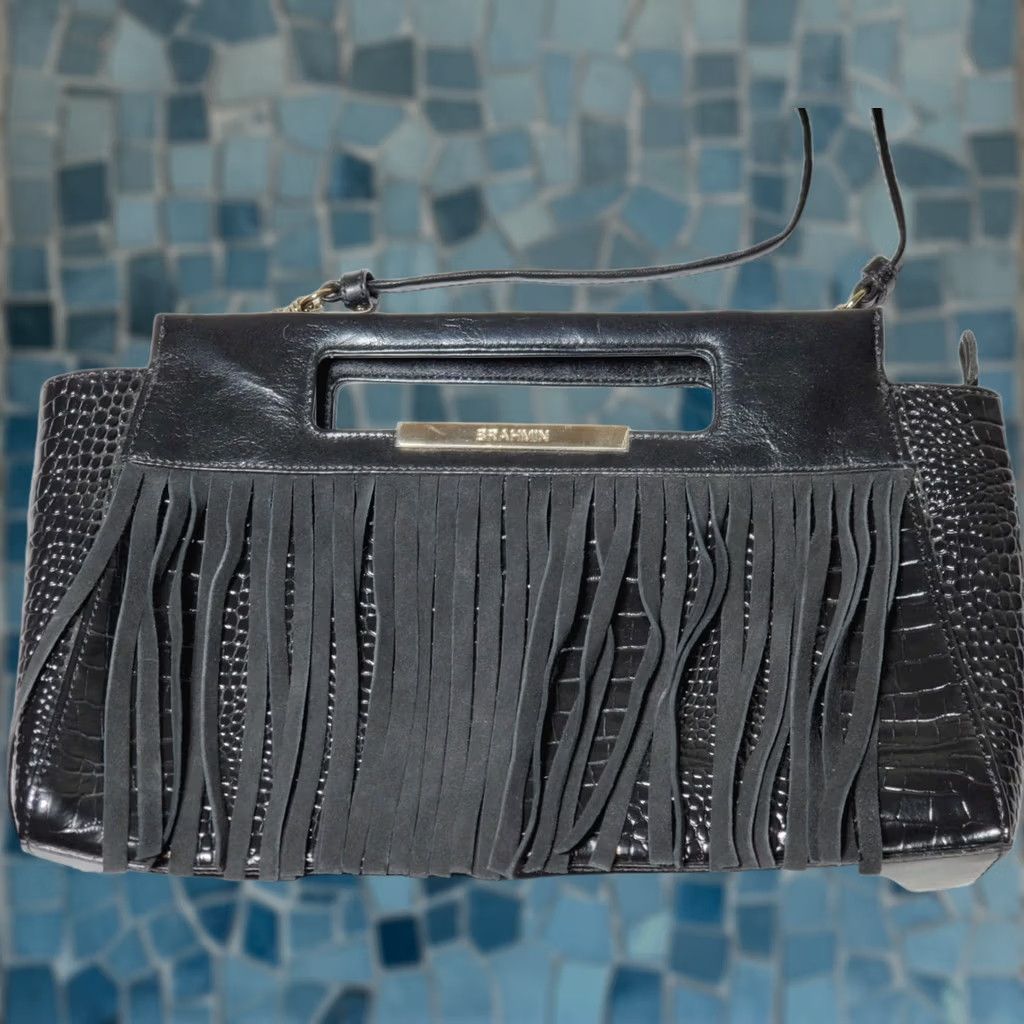 BRAHMIN Brahmin Lenox Clutch Black Tri-Texture Leather Crossbody Suede Fringe L82 829 Size ONE SIZE - 1 Thumbnail