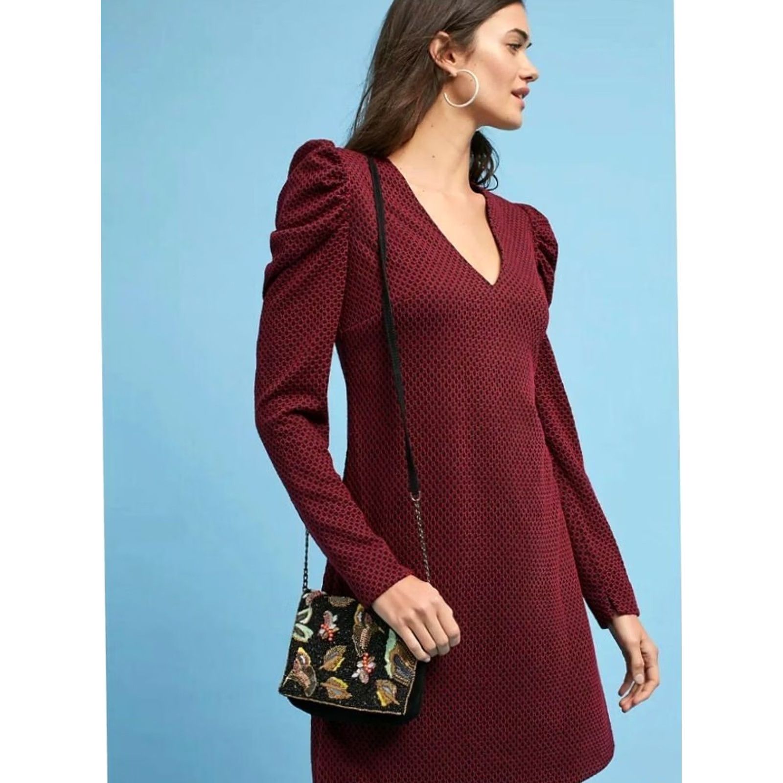 Donna Morgan Donna Morgan Women's Geometric Ruched-Sleeve Knit V-Neck Dress Size 6 Red Black A-Line Puff Sleeve Size M / US 6-8 / IT 42-44 - 2 Thumbnail