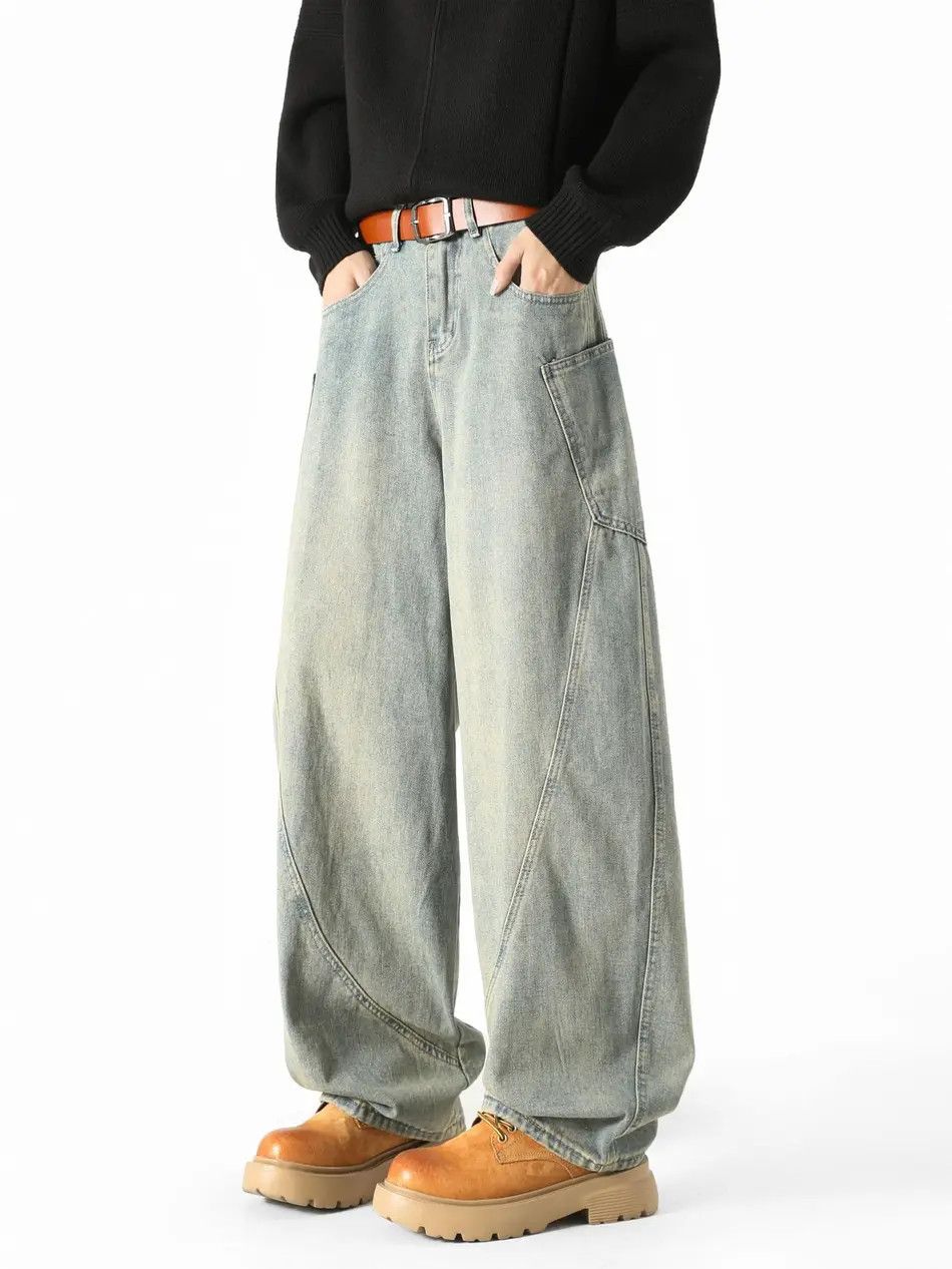 Retro loose patchwork pocket jeans