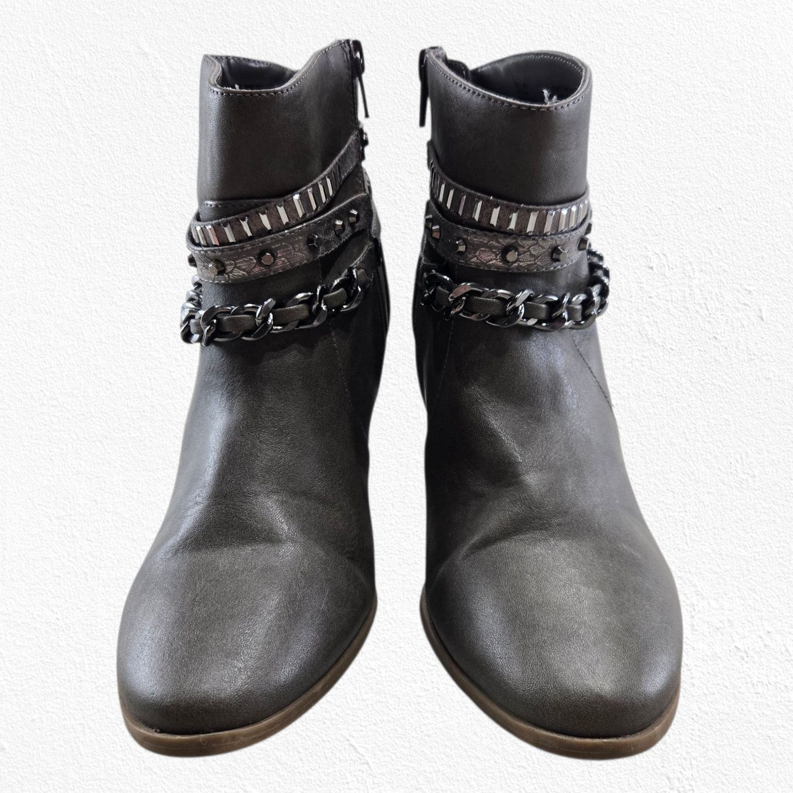 Jennifer Lopez Taupe Studded Chain Block Heel Ankle Boots 7.5 Size US 7.5 / IT 37.5 - 4 Thumbnail