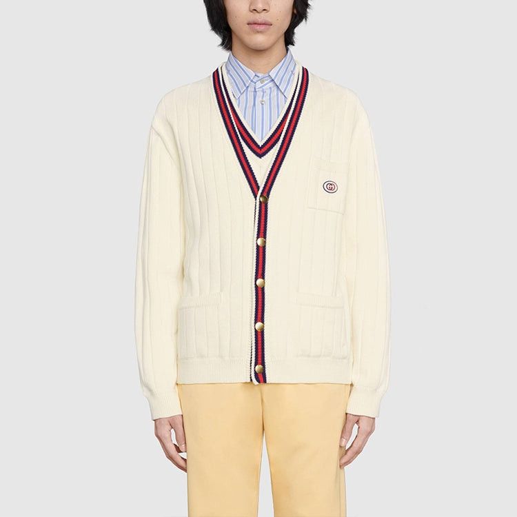 Gucci o1loc1c0925 Knit Cotton V-Neck Cardigan With Web in Ivory Size US XS / EU 42 / 0 - 2 Thumbnail