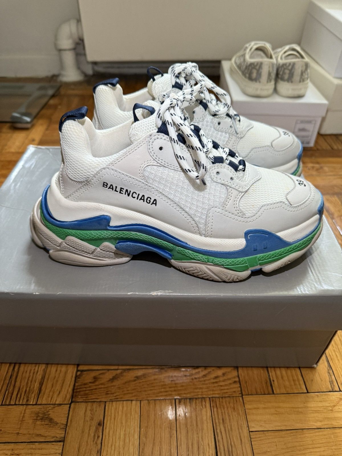 Balenciaga Balenciaga Triple S Sneaker - White / Blue / Green Size US 6 / EU 39 - 1 Thumbnail