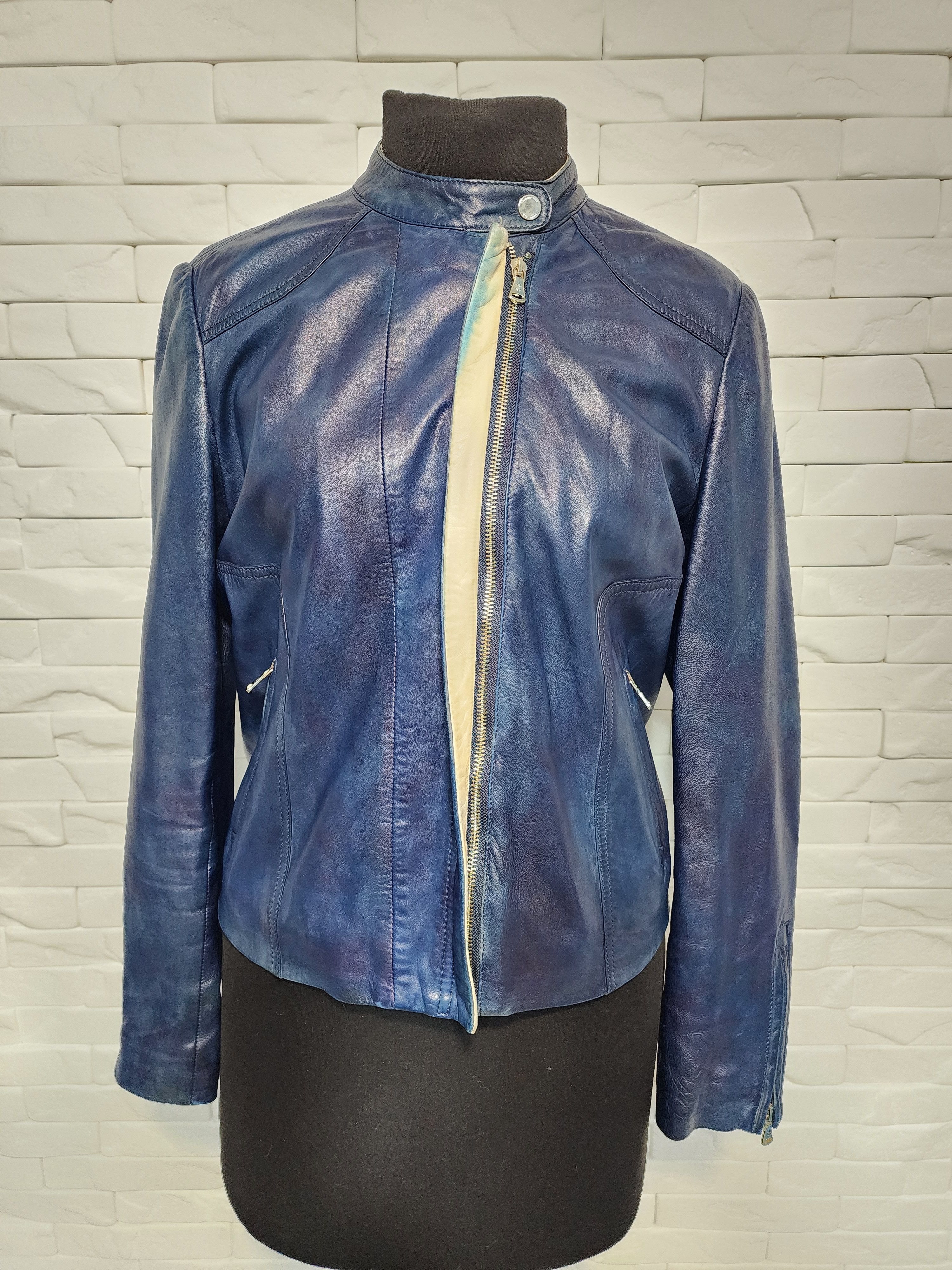 Designer Women's blue leather jacket. Size L / US 10 / IT 46 - 3 Thumbnail