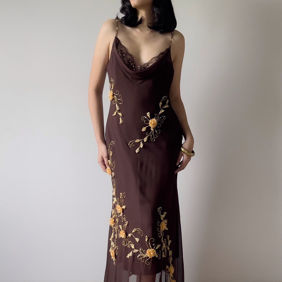Other Vintage 1990s Silk Chiffon Brown Evening Gown (S–M) Size M / US 6-8 / IT 42-44 - 2 Thumbnail