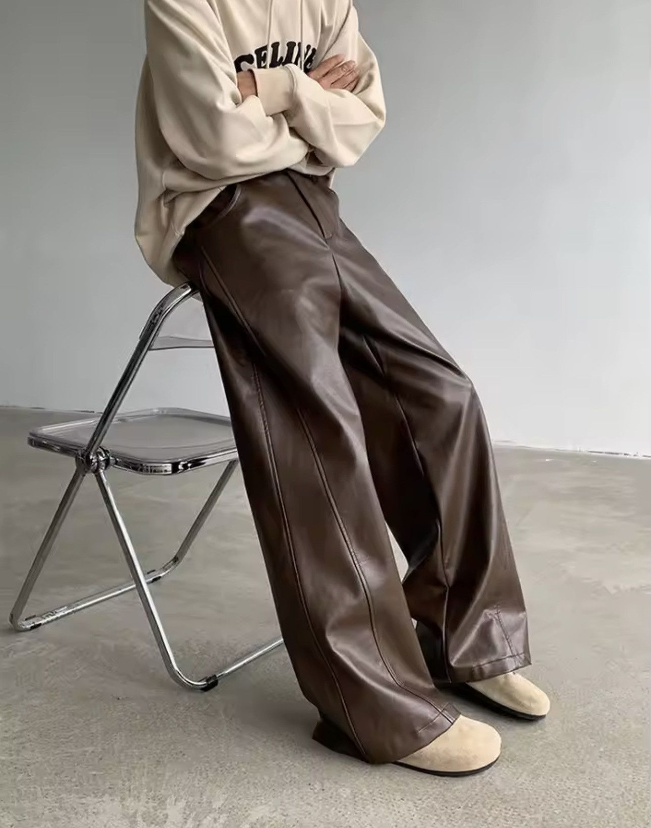 Jean Aoyama x ishi Faux Leather Brown Flare Pants Size US 29 - 2 Thumbnail