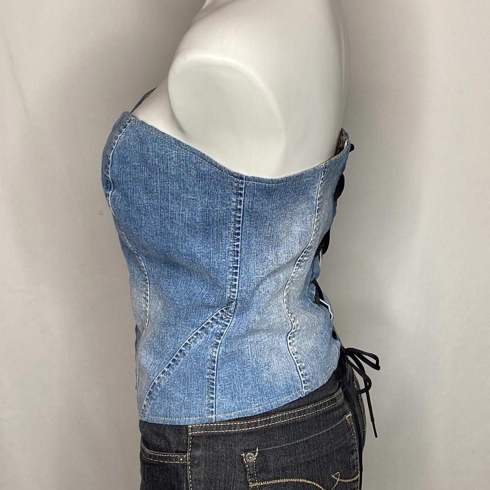 Designer Retro Denim Lace-Up Corset w/ Hook and Eye Front Closure, L Size L / US 10 / IT 46 - 5 Thumbnail