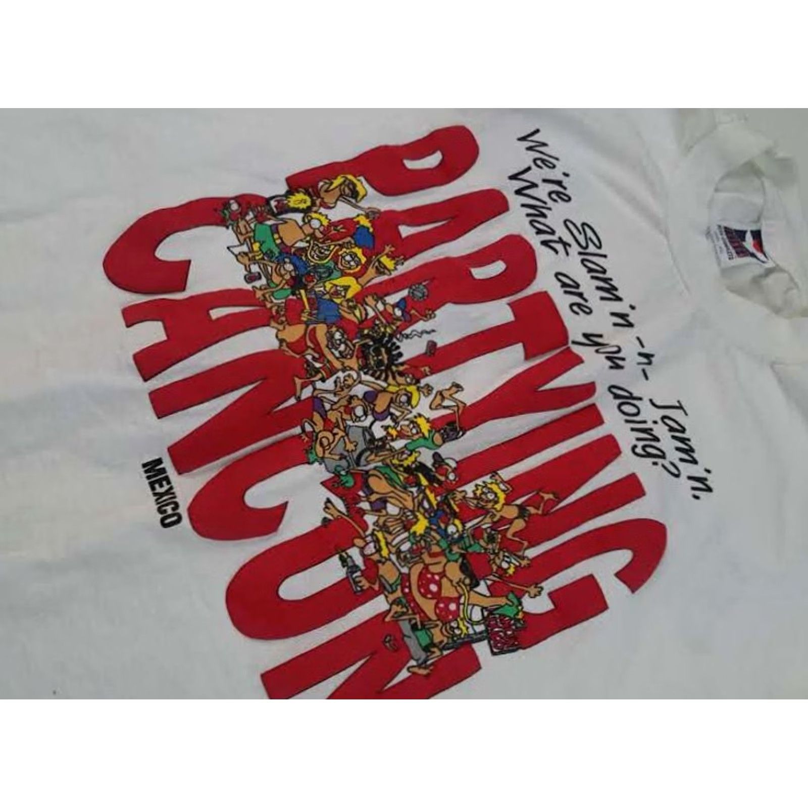 Vintage Slam'n&Jam'n Cancun Cartoon Party T-Shirt size L White 1995 single stitch Men Size US L / EU 52-54 / 3 - 4 Thumbnail