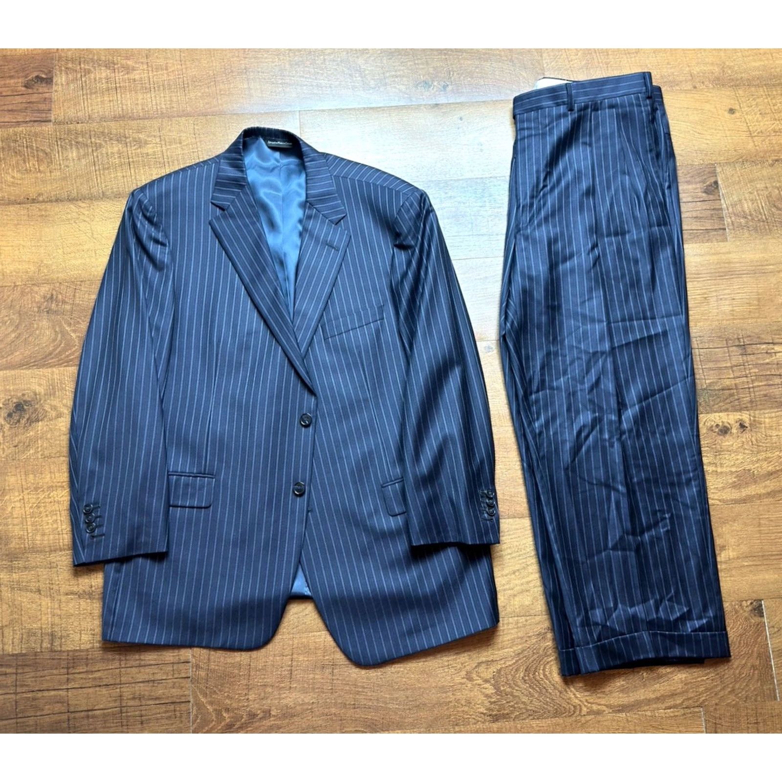 Vintage Samuelsohn Suit Mens 46 Blue Super 150s Wool 46R 40X28 Pinstripe Surgeon Cuffs Size 46R - 2 Thumbnail