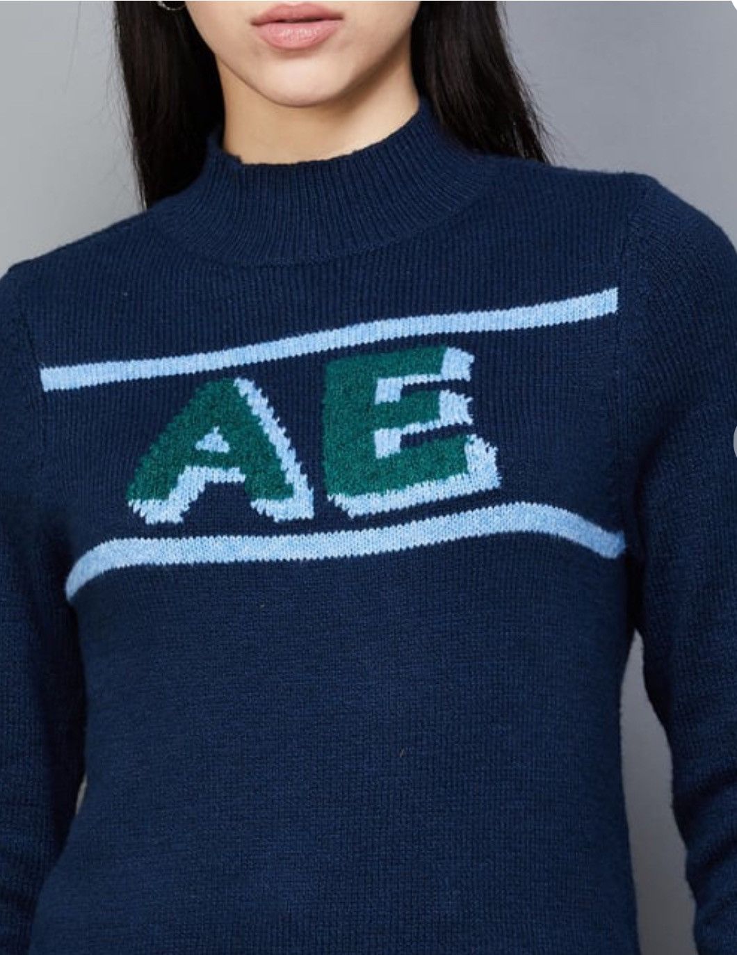 American Eagle Outfitters American Eagle Woven Holiday High Neck Knitted Blue Sweater Size S / US 4 / IT 40 - 4 Thumbnail