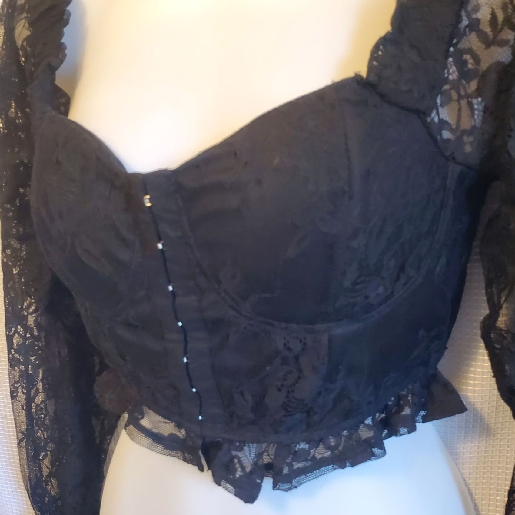 Almost Famous Womens Blouse Cropped Puff Sleeve Black Lace Gothic Corset Front Closure M Slim Floral Sheer N/A Size M / US 6-8 / IT 42-44 - 2 Thumbnail