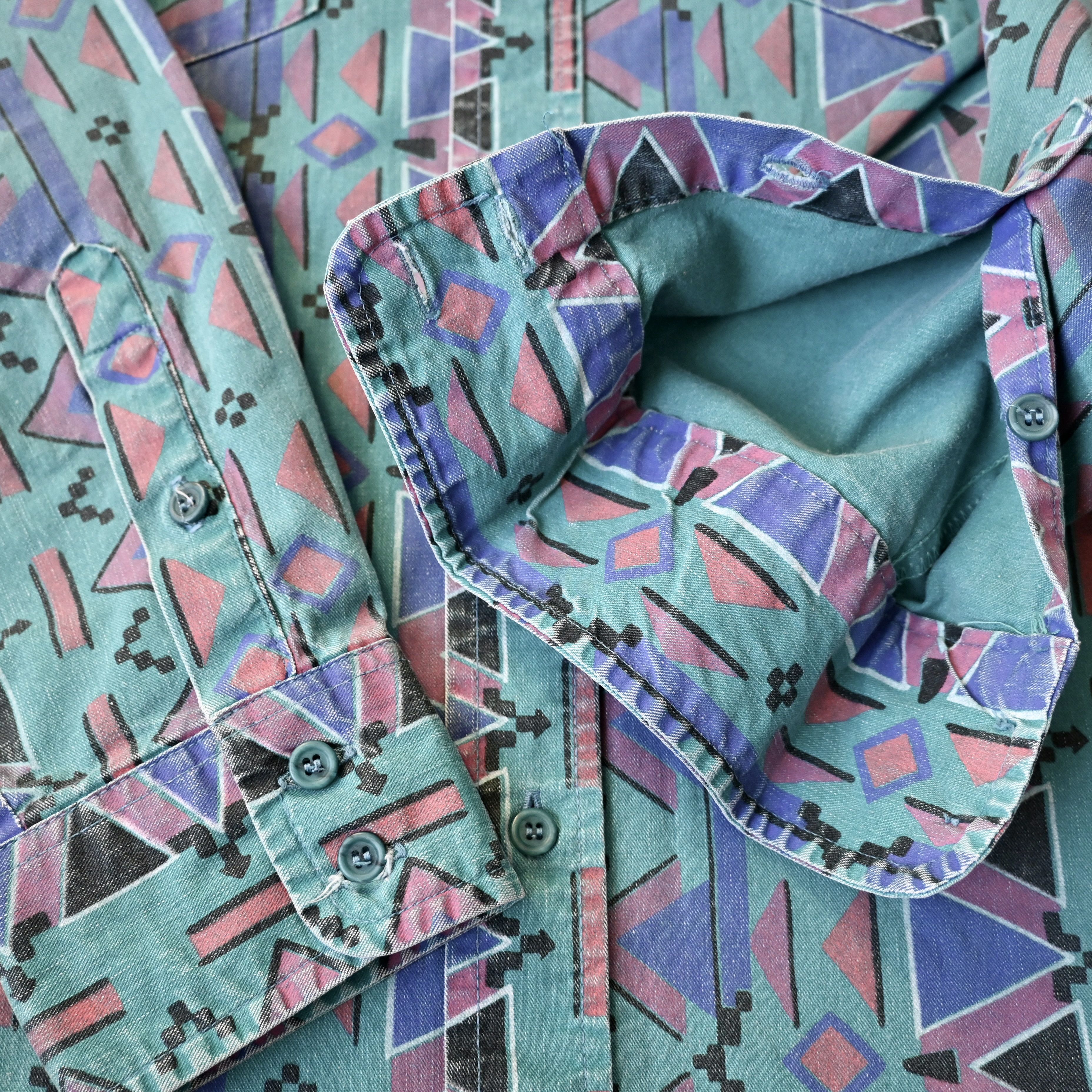 Vintage VTG 90s Wrangler Brushpopper shirt Aztec Navajo teal 17.5-35 Size US XL / EU 56 / 4 - 9 Thumbnail