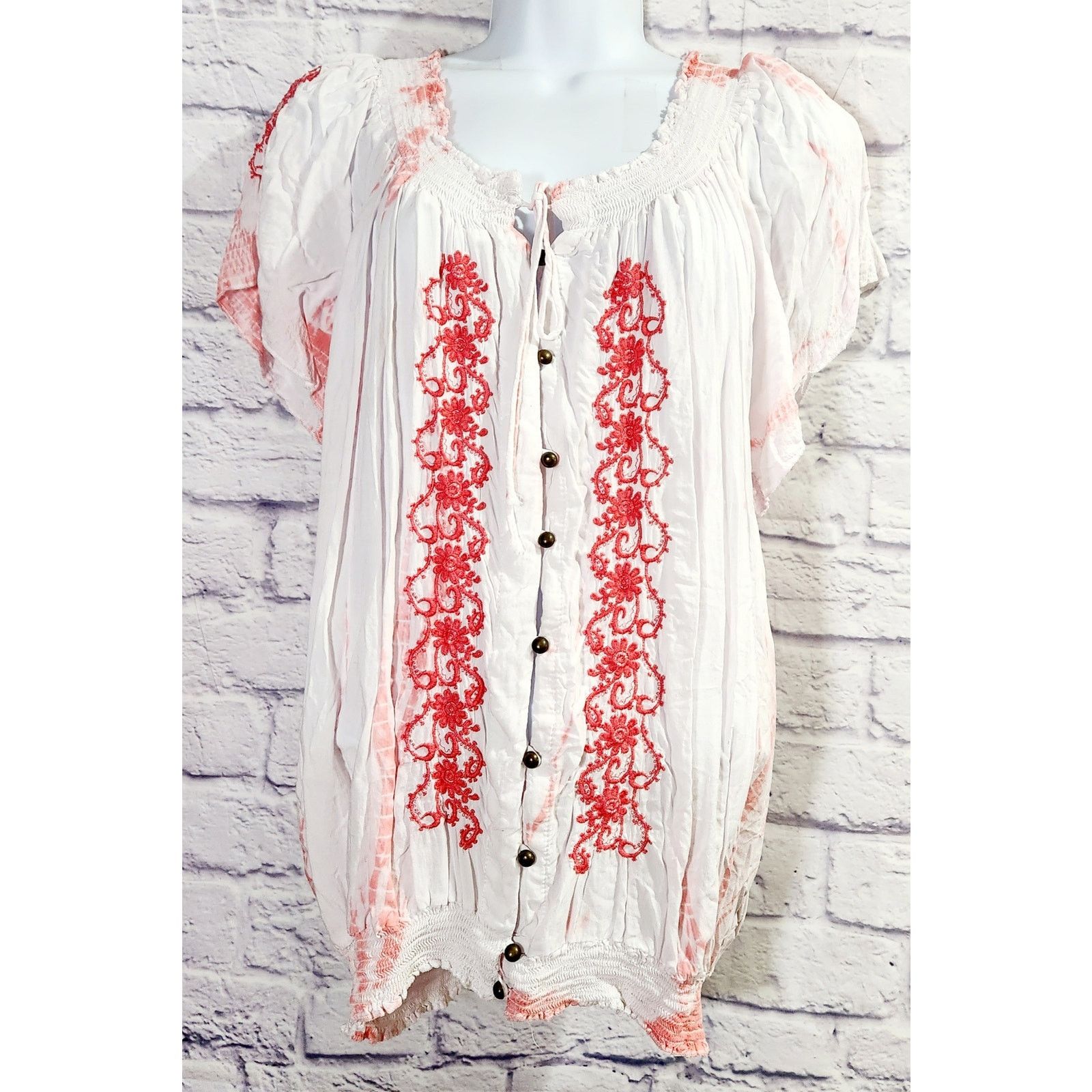 Other Fever White Orange Tie Dye Embroidered Top Large Lightweight Size L / US 10 / IT 46 - 1 Thumbnail