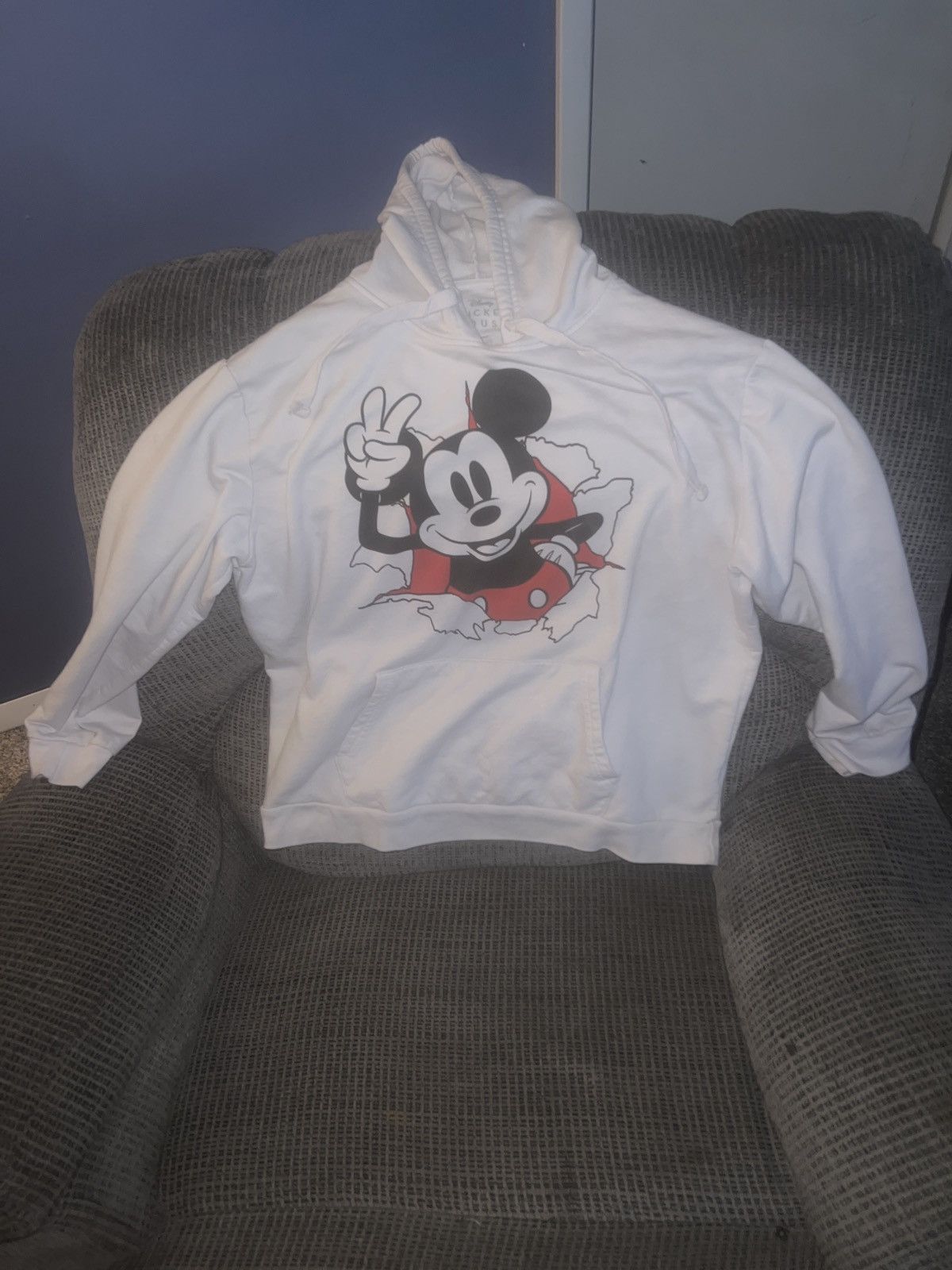 image of Disney Mickey Mouse Peace Sign Hoodie in White, Men's (Size 2XL)