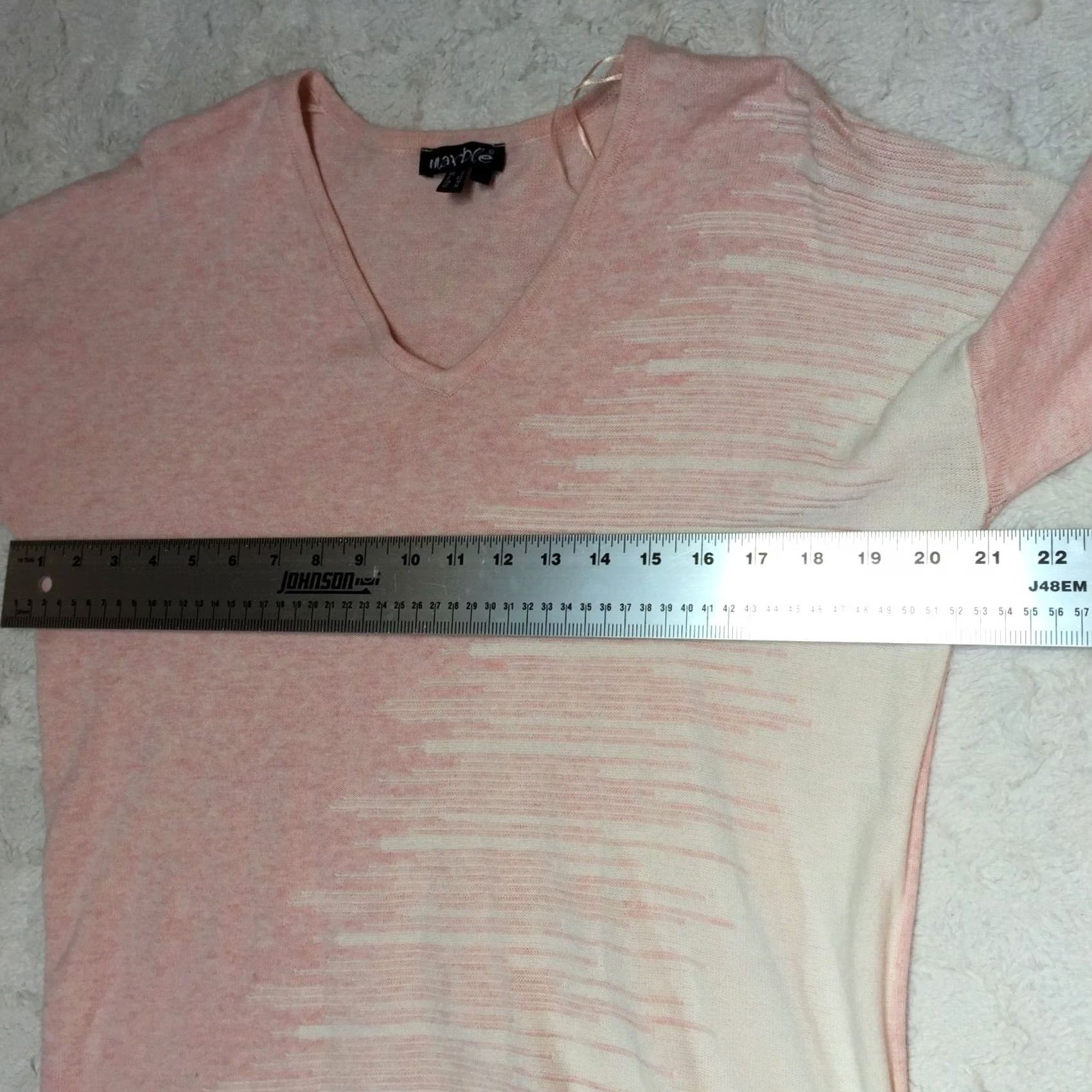 Pinko Marble Women's Medium Cotton V-Neck Pullover 3/4 Sleeve Pink Ivory Knit Sweater Size M / US 6-8 / IT 42-44 - 4 Thumbnail