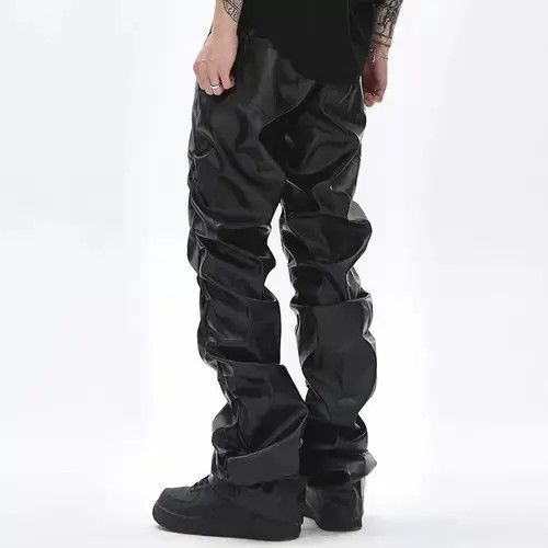 Jean Loose Ruched Casual Pu Leather Pants Streetwear Punk Rock Size US 32 / EU 48 - 3 Thumbnail