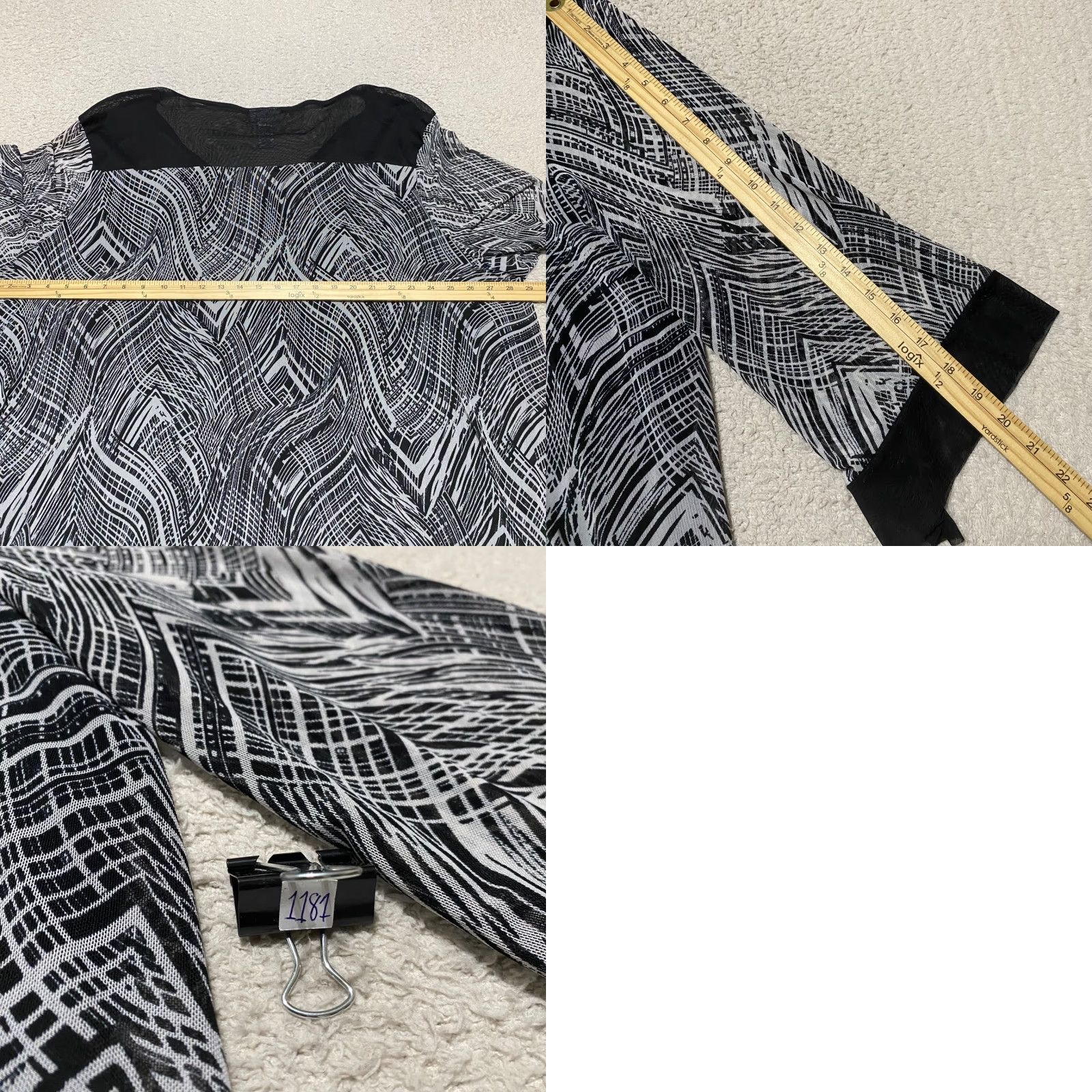 Vintage Catherines Blouse Shirt Geometric 3X Black White V-Neck 3/4 Sleeve Sheer Womens Plus 3X Shirt Geometric Black White V-Neck 3/4 Sleeve Sheer Size XXL / US 16-18 / IT 52-54 - 8 Thumbnail