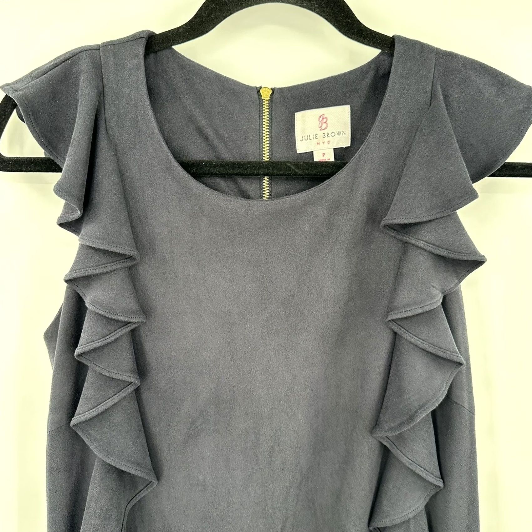 Vintage Julie Brown NYC Navy Blue Faux Suede Ruffle Shift Dress Petite P Sleeveless Mini Size XS / US 0-2 / IT 36-38 - 3 Thumbnail