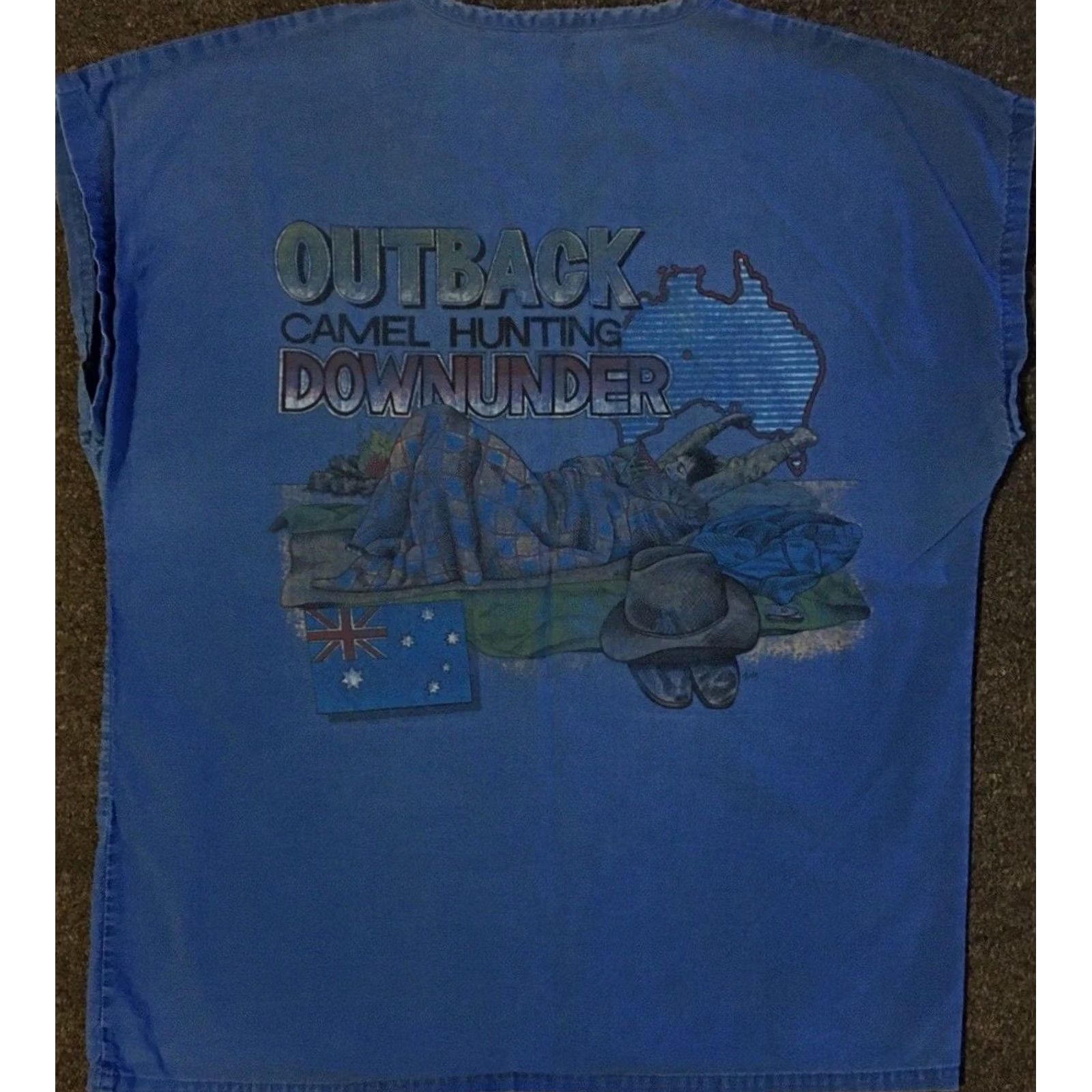 Camel VINTAGE Safari Shirt Mens S Blue Camel Hunting Faded Sleeveless Boxy Graphic Tee 70s 90s Grunge Ocean Pacific Beach Surf USA California Dogtown Hippie Size US S / EU 44-46 / 1 - 2 Thumbnail