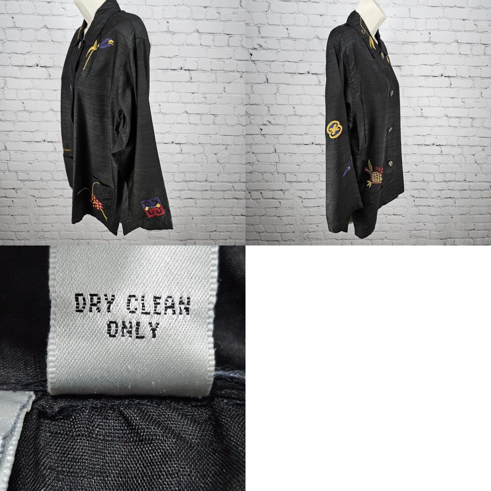 Vintage Chico's Design Black 100% Silk Embroidered 3/4 Sleeve Button Shirt Jacket Womens US 8 Size XS / US 0-2 / IT 36-38 - 9 Thumbnail