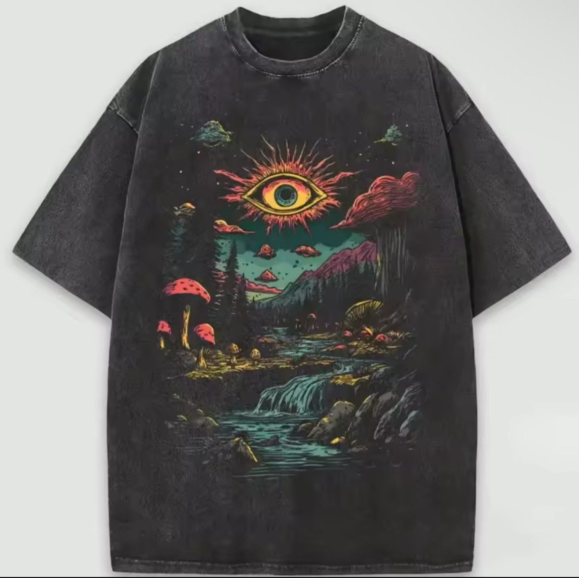 Japanese Brand High Street Retro Trippy Mushroom Eye Graphic Washed T-Shirt Size US XL / EU 56 / 4 - 1 Thumbnail