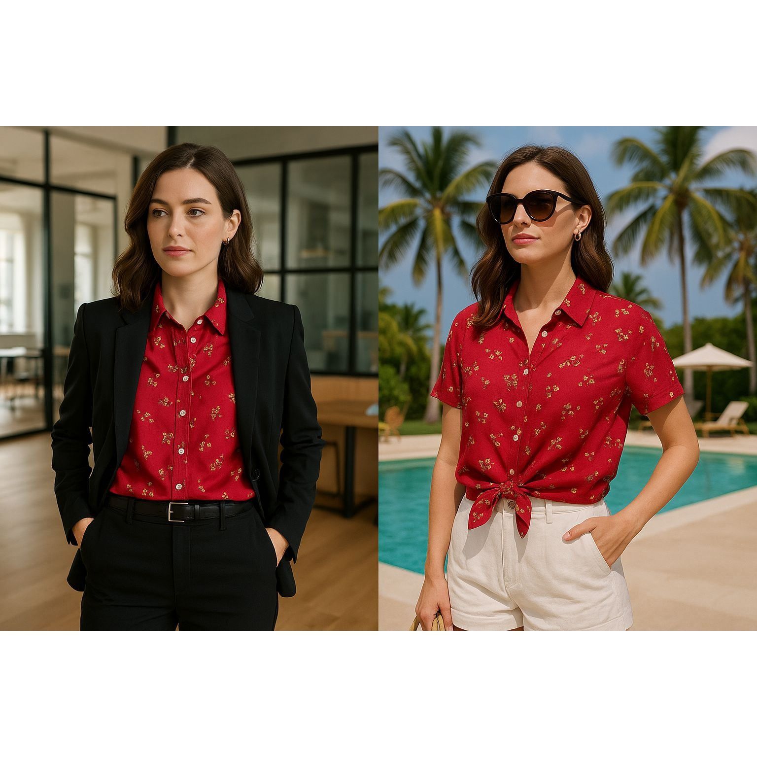 Liz Claiborne Liz Claiborne Women 100% Silk Red Short Sleeve Shirt Tropica Size L / US 10 / IT 46 - 1 Thumbnail