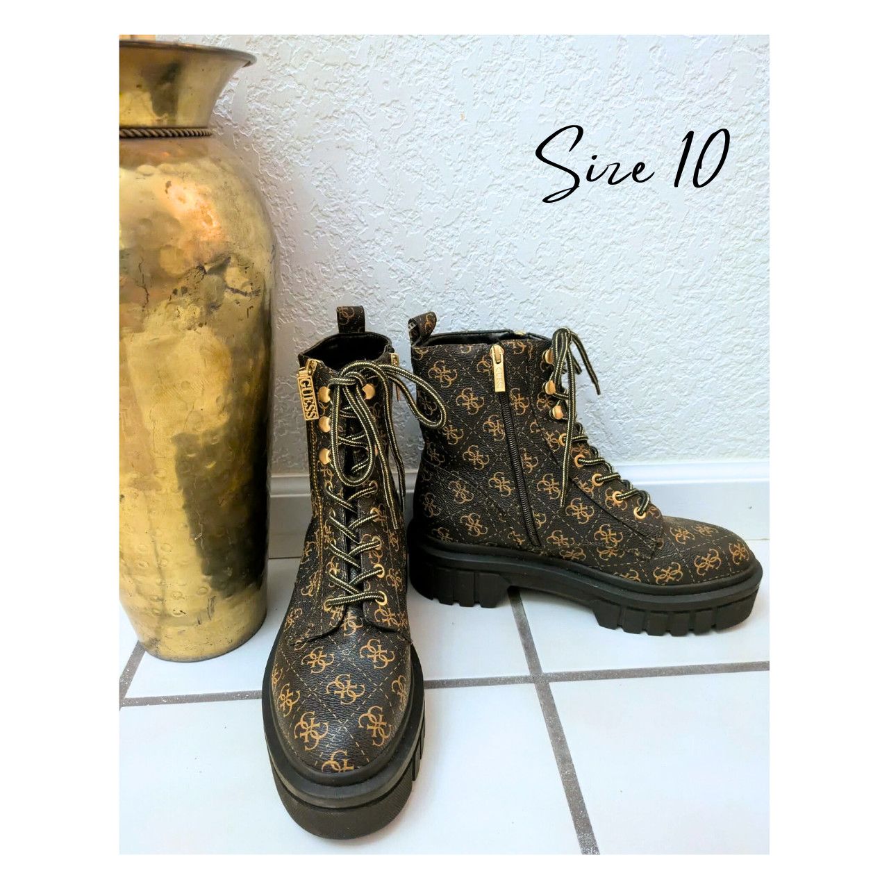 Guess GUESS "Ferina" Faux Leather Black & Gold Logo Combat Boots Size US 10 / IT 40 - 1 Thumbnail