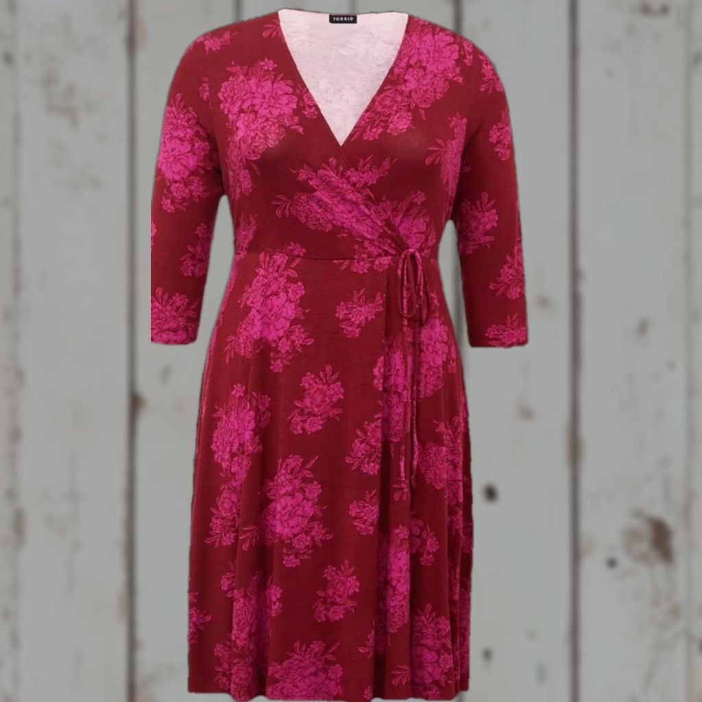 Torrid Torrid Floral Dress V-Neck Wrap Midi 2XL Pink Red Jersey Knit Tie Front Size XXL / US 16-18 / IT 52-54 - 1 Thumbnail