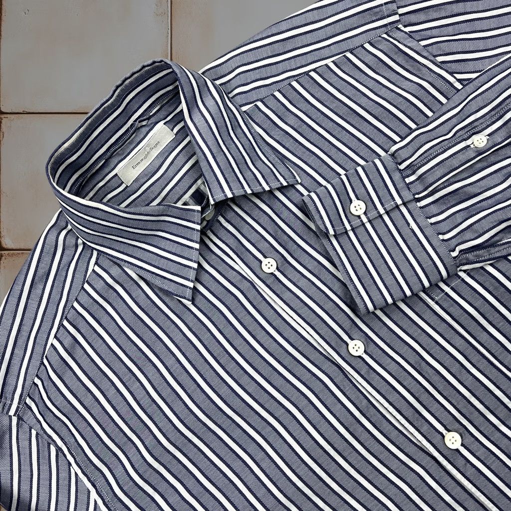 Ermenegildo Zegna Ermenegildo Zegna Dress Shirt Large Blue Striped Twill Barrel Cuff Italy Men's Size 42R - 1 Thumbnail