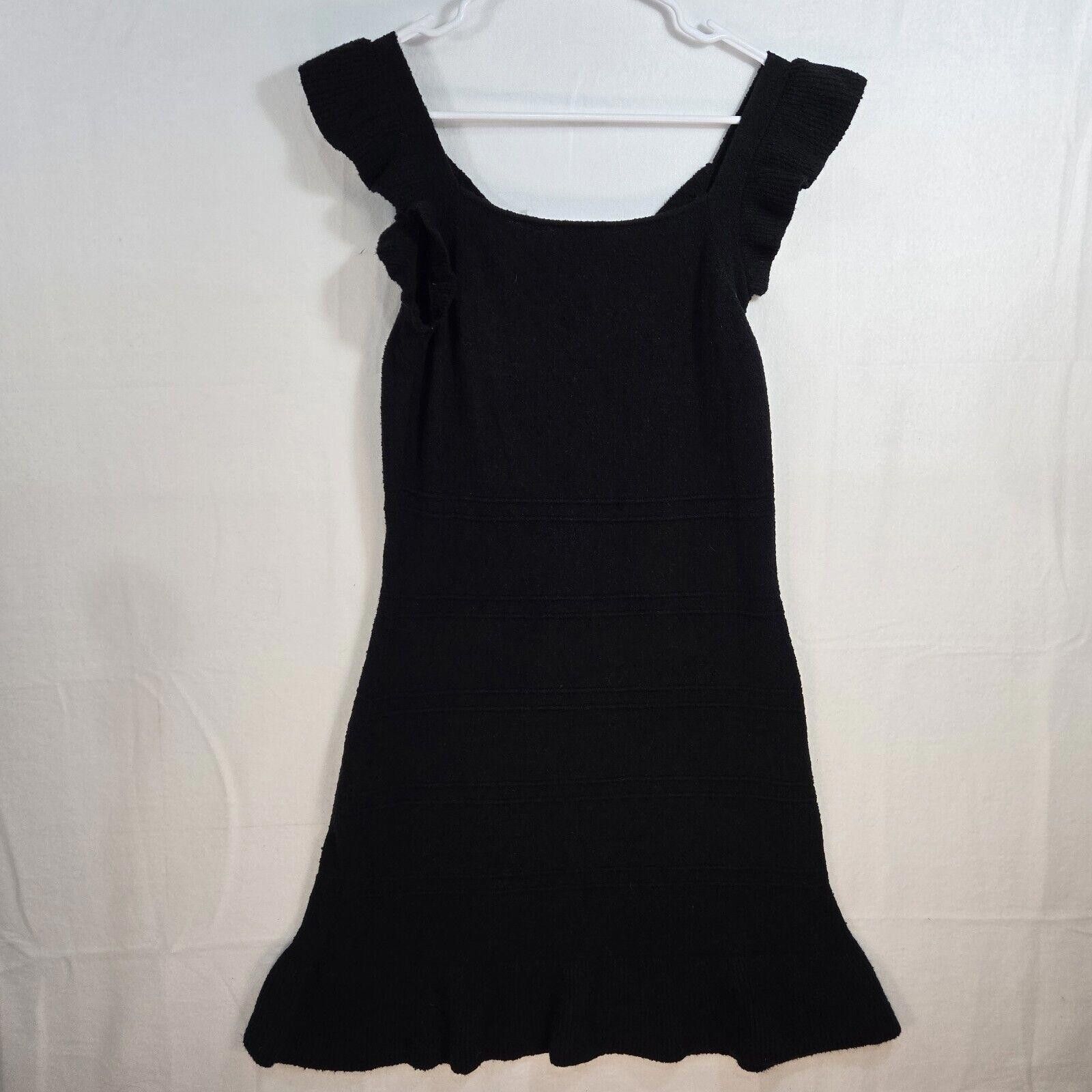 Designer Sundays Anthro Mini Knit Dress Ruffled Sleeve Black V Neck L Size L / US 10 / IT 46 - 6 Thumbnail