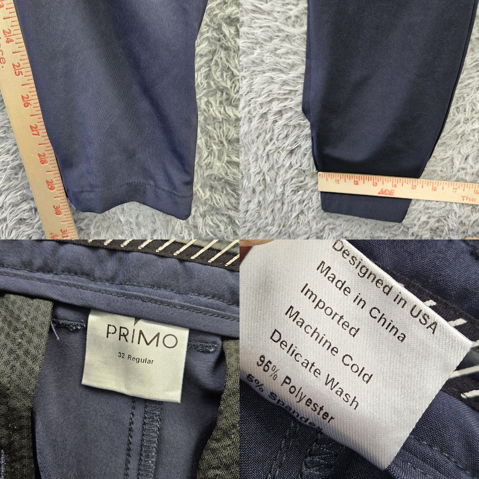 PRIMO Golf Pants Men 32 Regular Blue Pant Chino 5-Pocket Tapered Zip Ankle Inseam 30 Satin Polyester Front Flat Front Waist 31 Classic Sports Mens