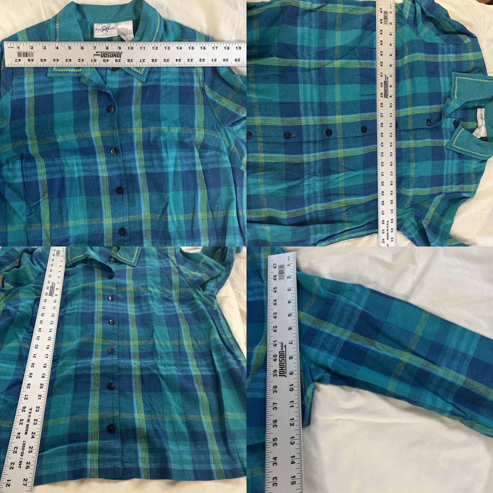 Vintage Studio Ease Shirt Womens 14W Blue Green Plaid Button Down Linen Cotton Blouse Size XL / US 12-14 / IT 48-50 - 8 Thumbnail