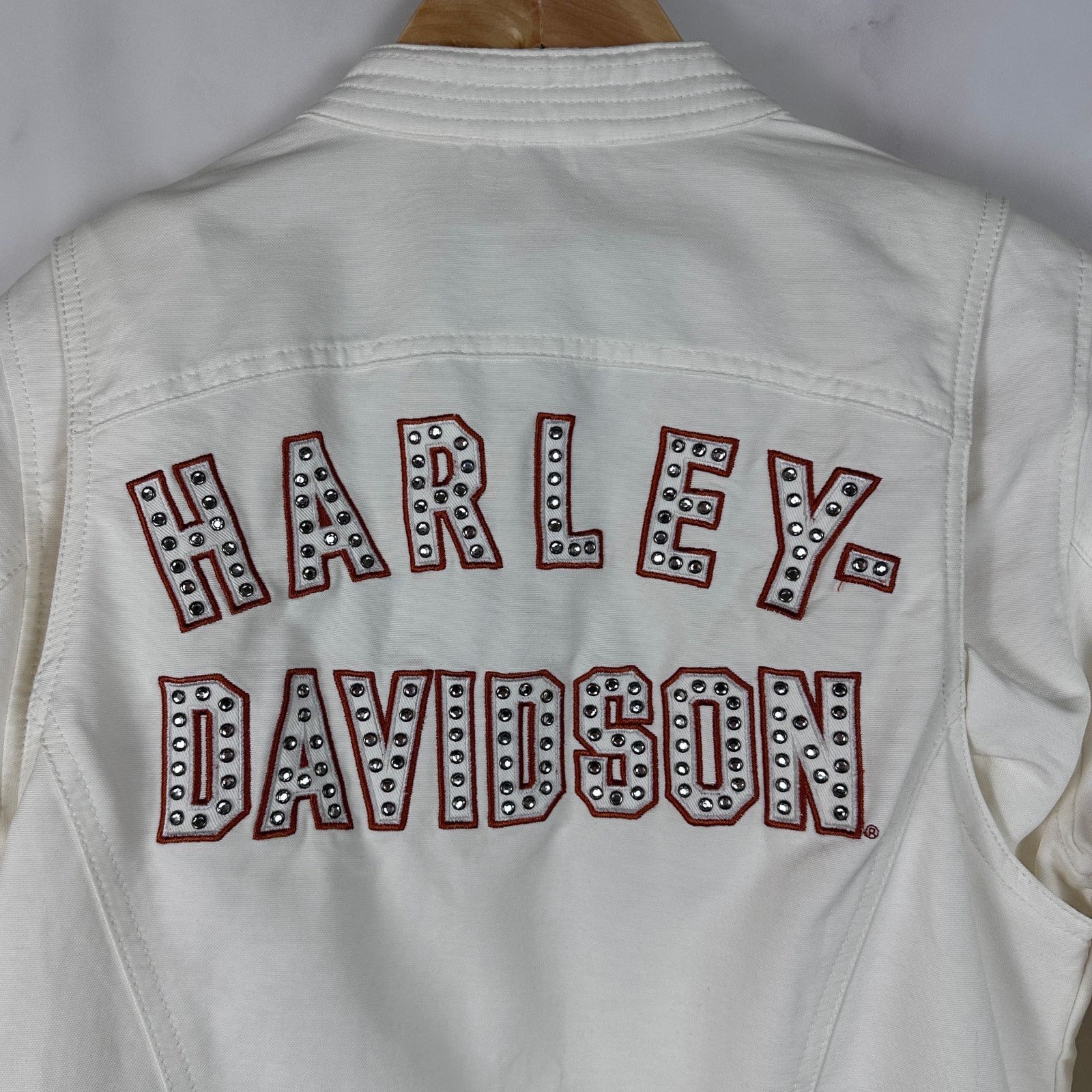 Harley Davidson White Rhinestone Motorcycle Jacket Size S / US 4 / IT 40 - 2 Thumbnail