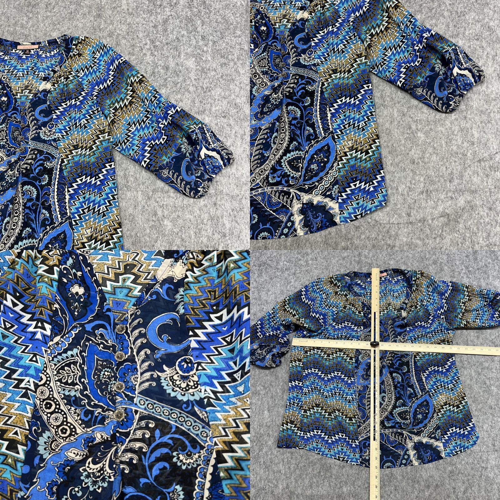 Vintage Olive Hill Blouse Womens M Blue Paisley Chevron V-Neck 3/4 Sleeve Tunic Top Size M / US 6-8 / IT 42-44 - 8 Thumbnail