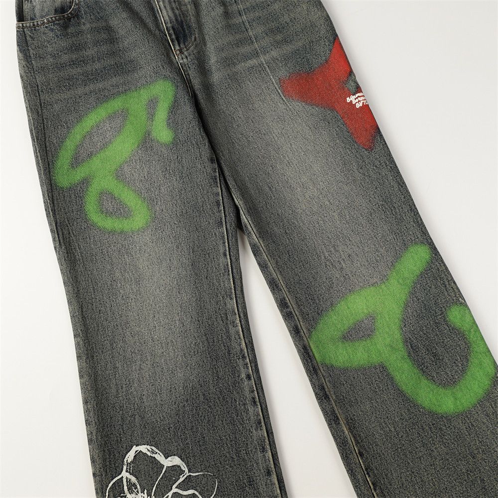 Japanese Brand × Vintage High street loose straight washed graffiti print jeans y2k Size US 32 / EU 48 - 2 Thumbnail