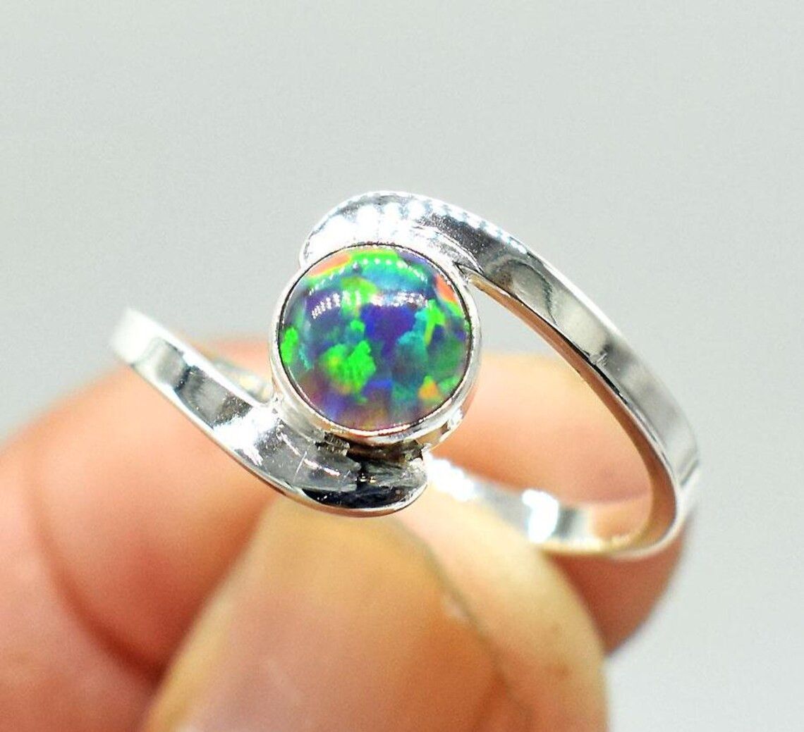 Handmade Fire Opal 925 Silver Ring: Cabochon Gemstone Ring for Women Size ONE SIZE - 6 Thumbnail