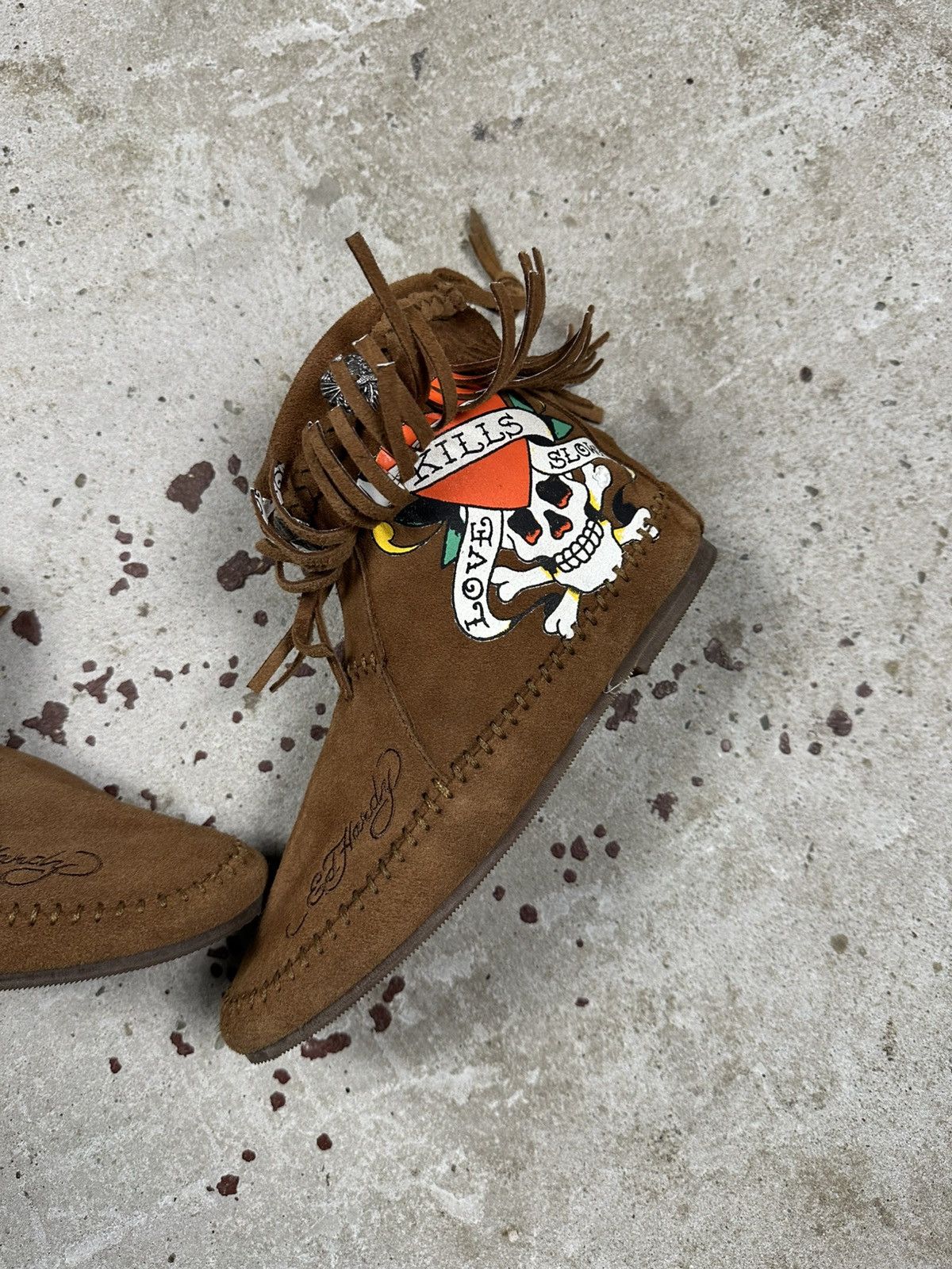 Christian Audigier × Ed Hardy × Vintage Vintage Y2K Ed Hardy Brown Suede Skull Fringe Moccasins Size US 6 / IT 36 - 3 Thumbnail