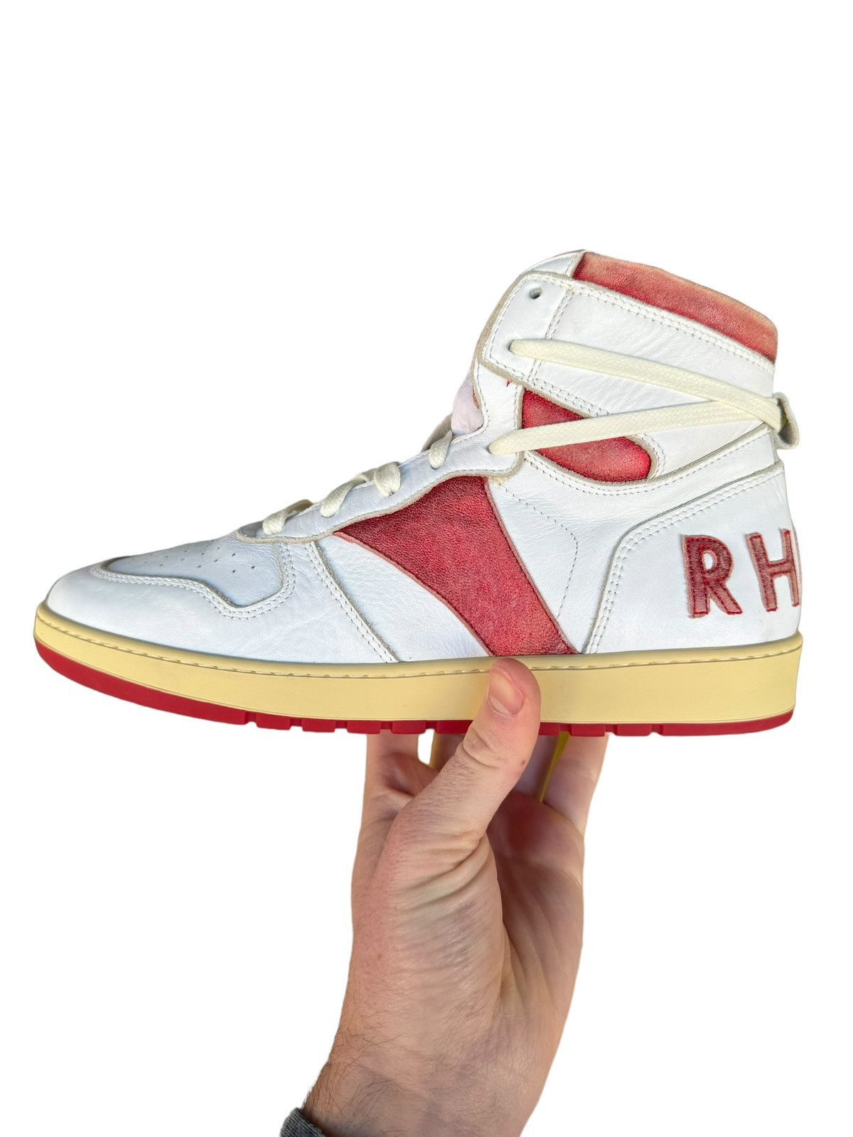 Rhude $750 Red BBall Rhecess Vintage Distressed Hi Sneaker Leather Size US 7 / EU 40 - 4 Thumbnail