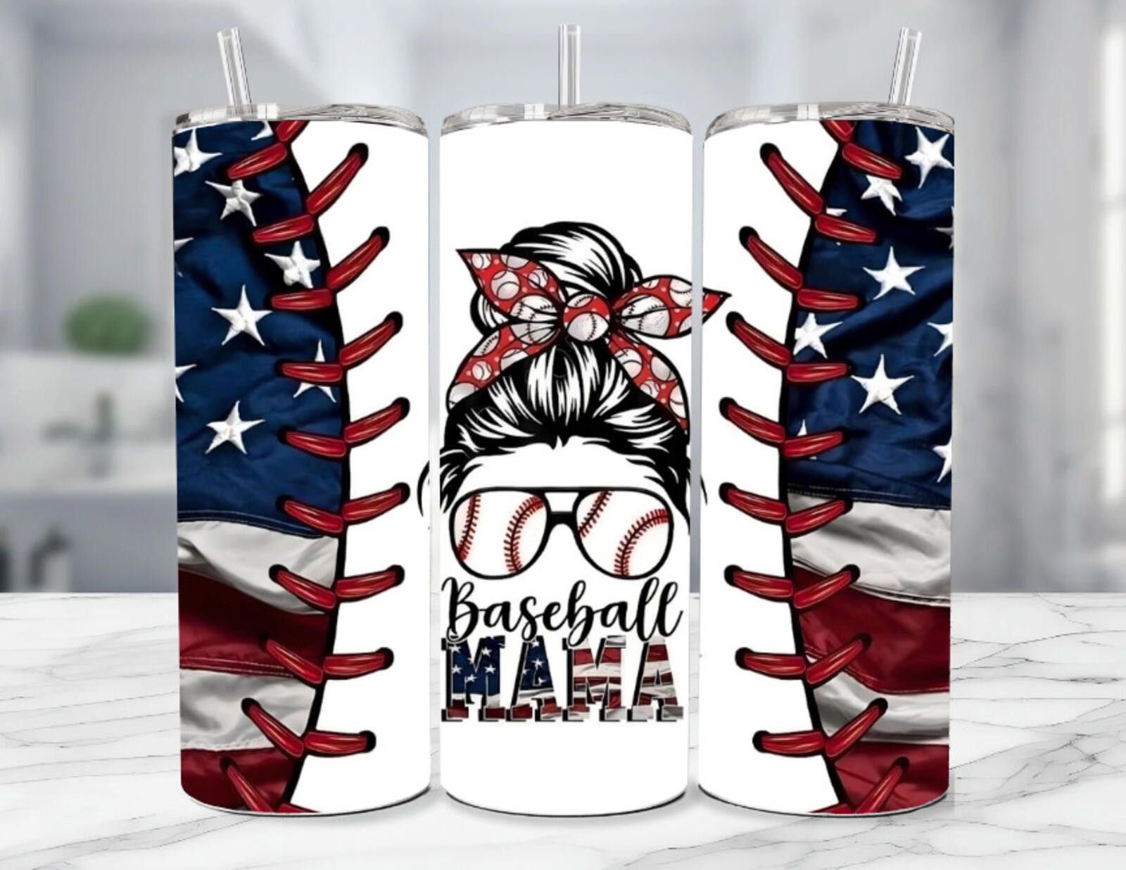 The Unbranded Brand 20oz Stainless Steel Tumbler & Straw Generic Baseball Mama Size ONE SIZE - 1 Thumbnail